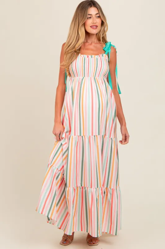 Multicolor Striped Shoulder Tie Smocked Maternity Maxi Dress sold by Pinkblush