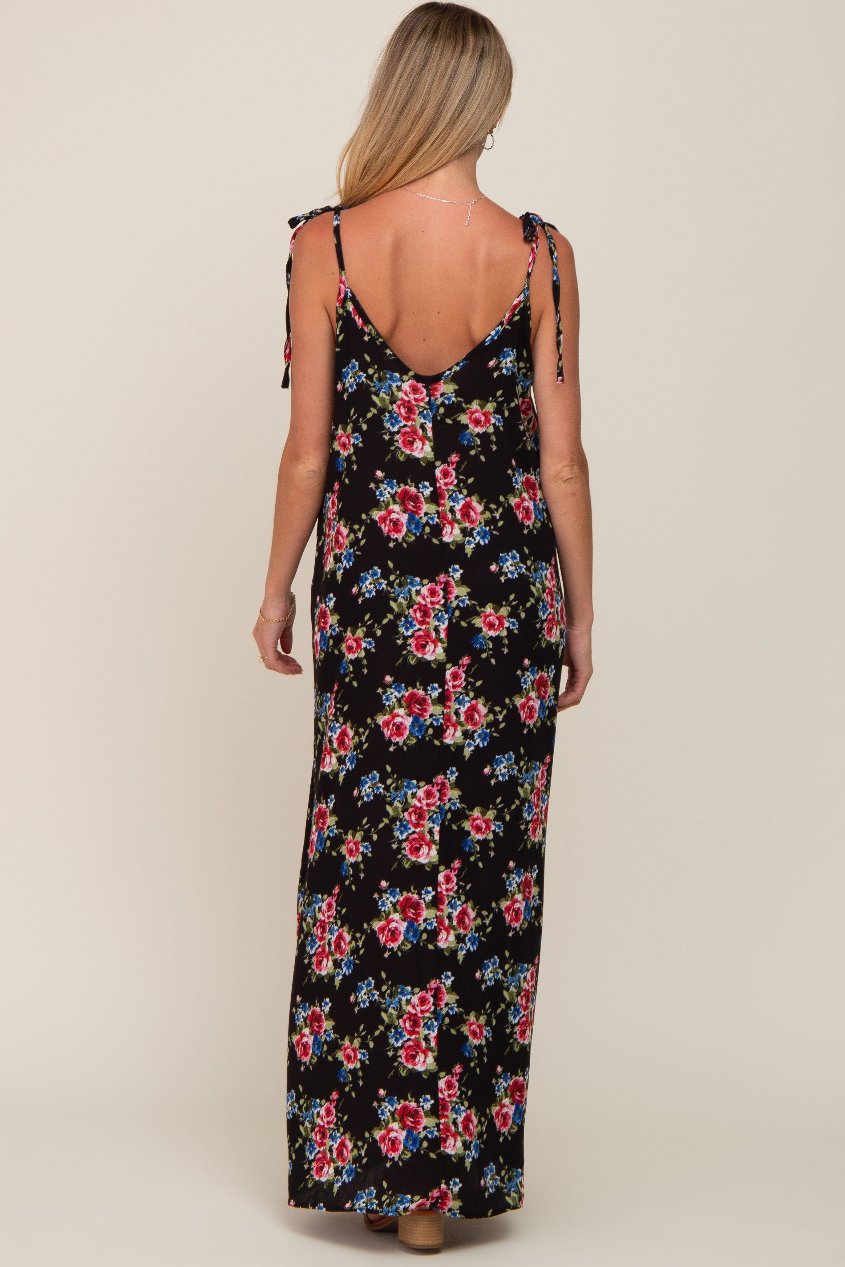 Black Floral Shoulder Tie Maternity Maxi Dress sold by Pinkblush product image thumbnail 3