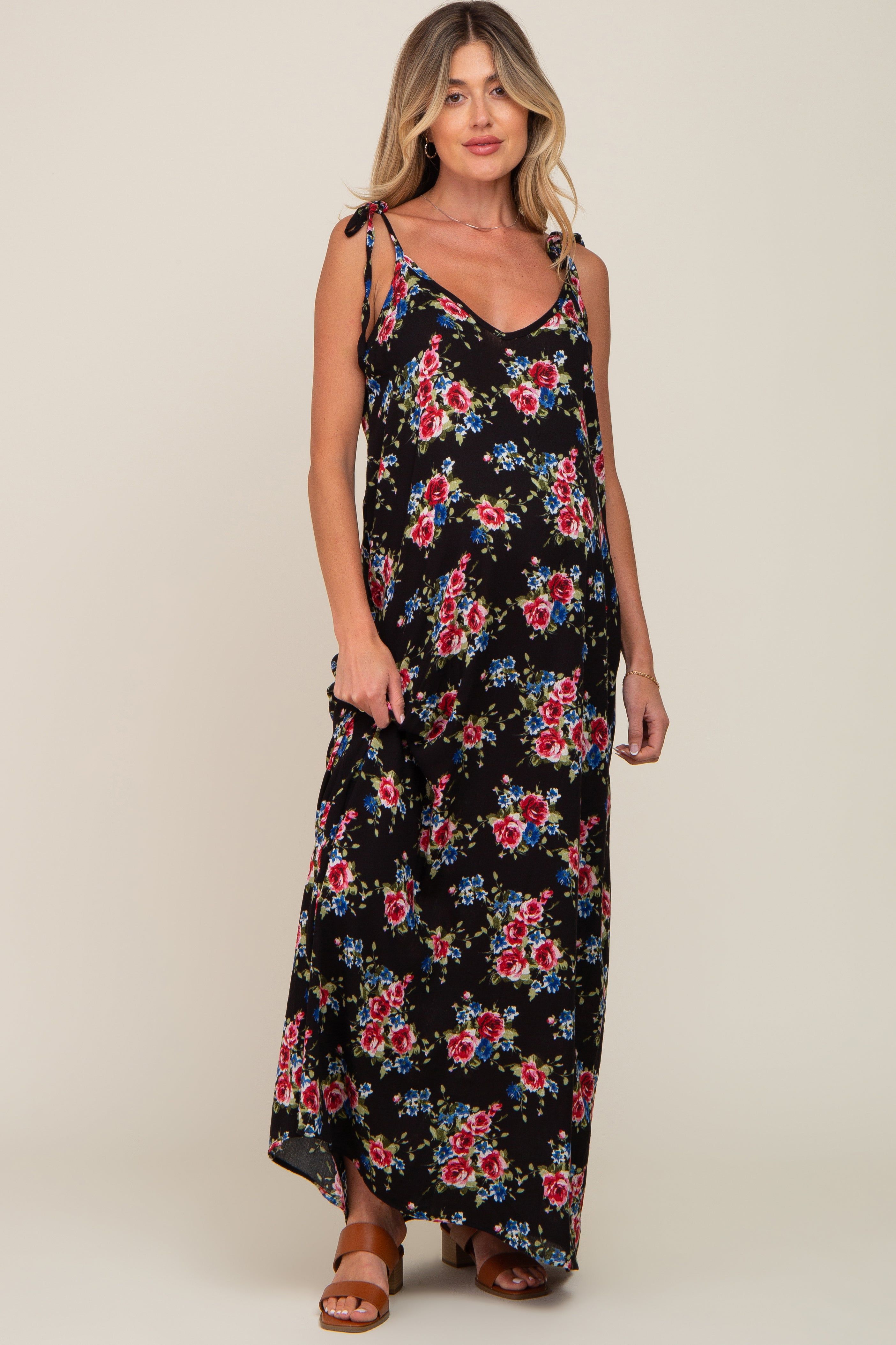 Black Floral Shoulder Tie Maternity Maxi Dress sold by Pinkblush product image thumbnail 4