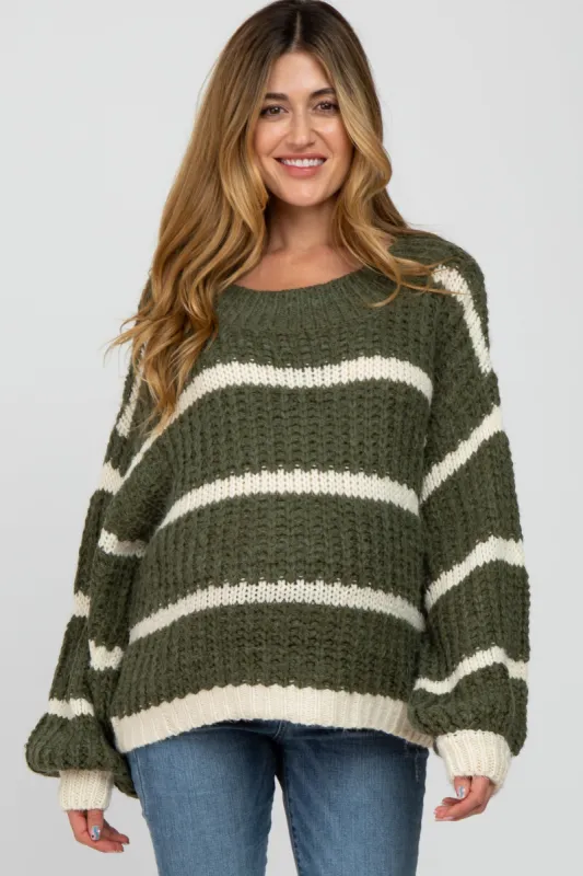 Olive Cream Striped Chunky Knit Maternity Sweater sold by Pinkblush