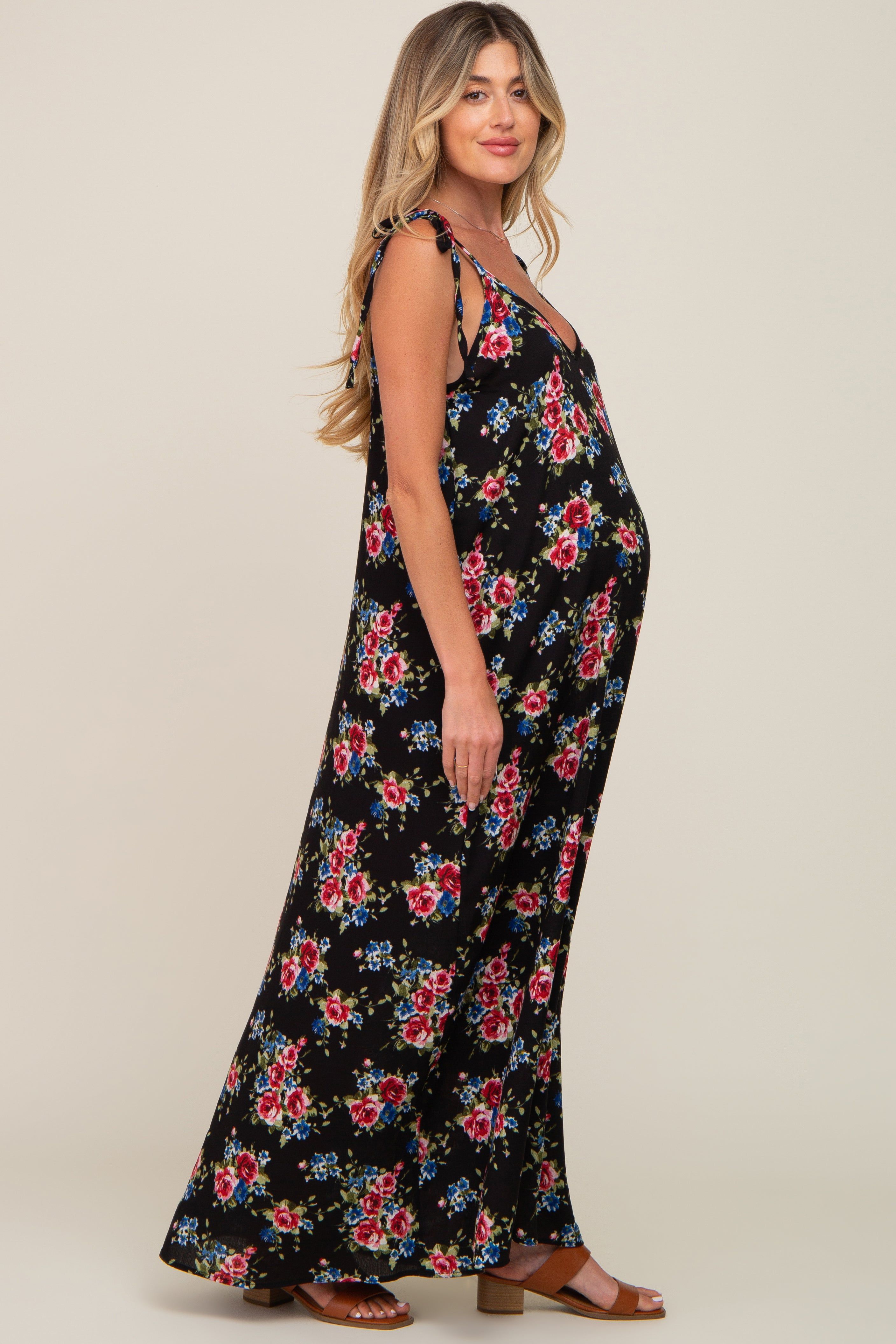 Black Floral Shoulder Tie Maternity Maxi Dress sold by Pinkblush product image thumbnail 2