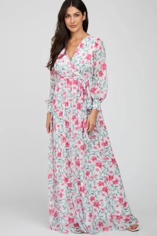 Ivory Floral Chiffon Long Sleeve Pleated Maxi Dress sold by Pinkblush