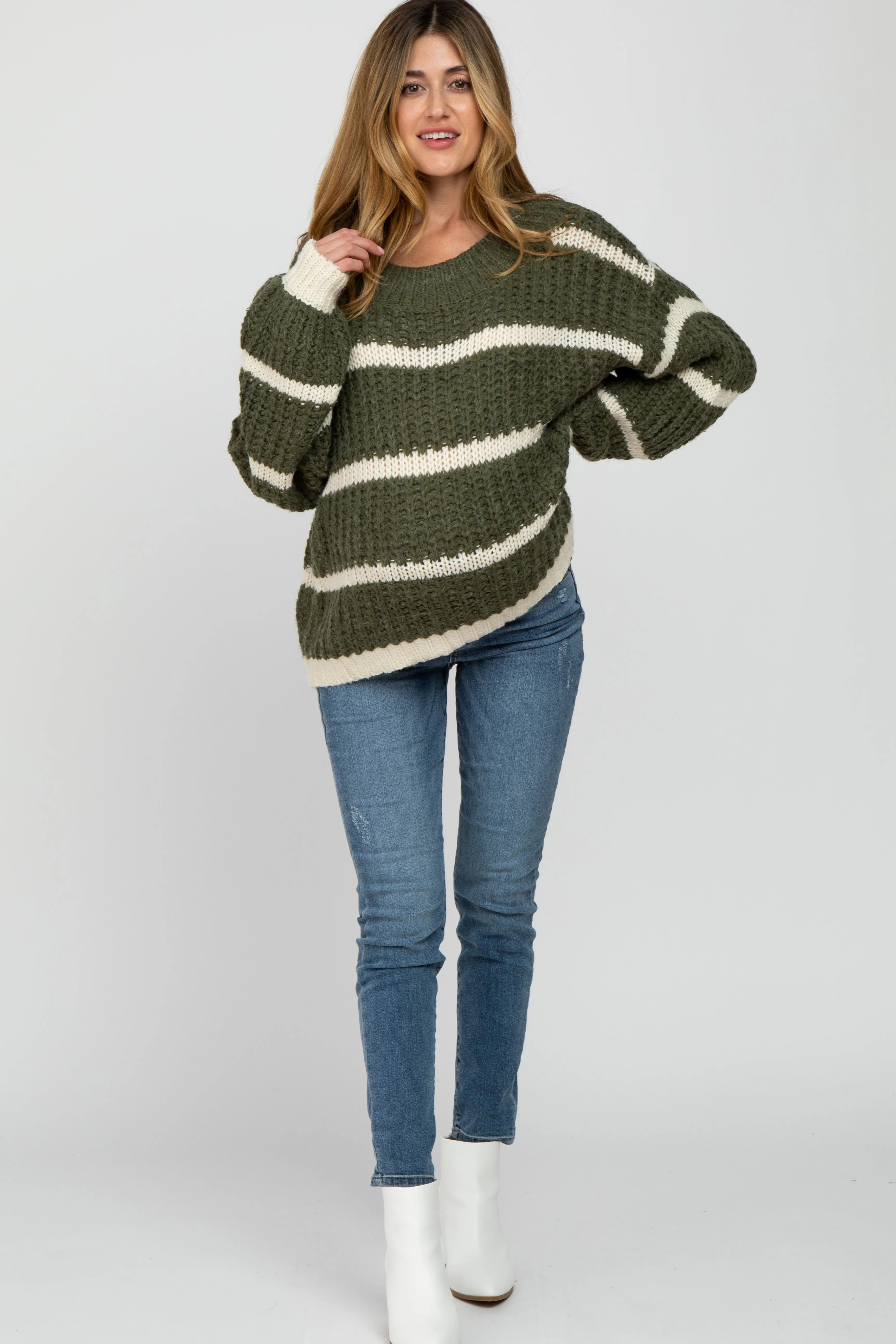 Olive Cream Striped Chunky Knit Maternity Sweater sold by Pinkblush product image thumbnail 2