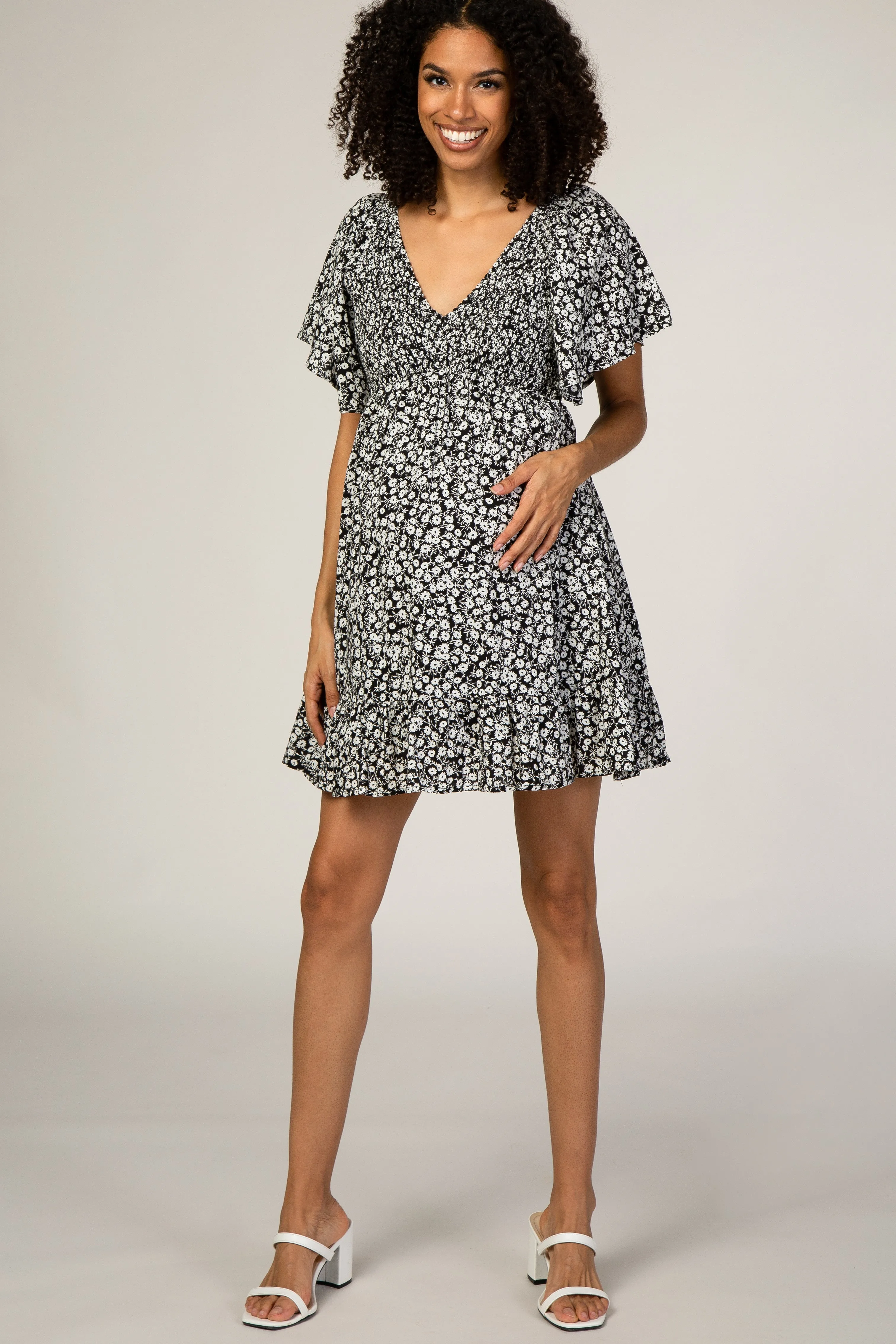 Black Floral Smocked Ruffle Maternity Dress sold by Pinkblush product image thumbnail 4