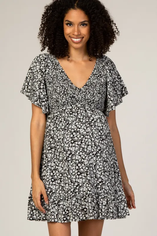 Black Floral Smocked Ruffle Maternity Dress sold by Pinkblush
