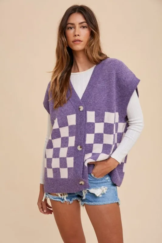Violet Checker Board Loose Fit Sweater Cardigan Vest sold by Pinkblush