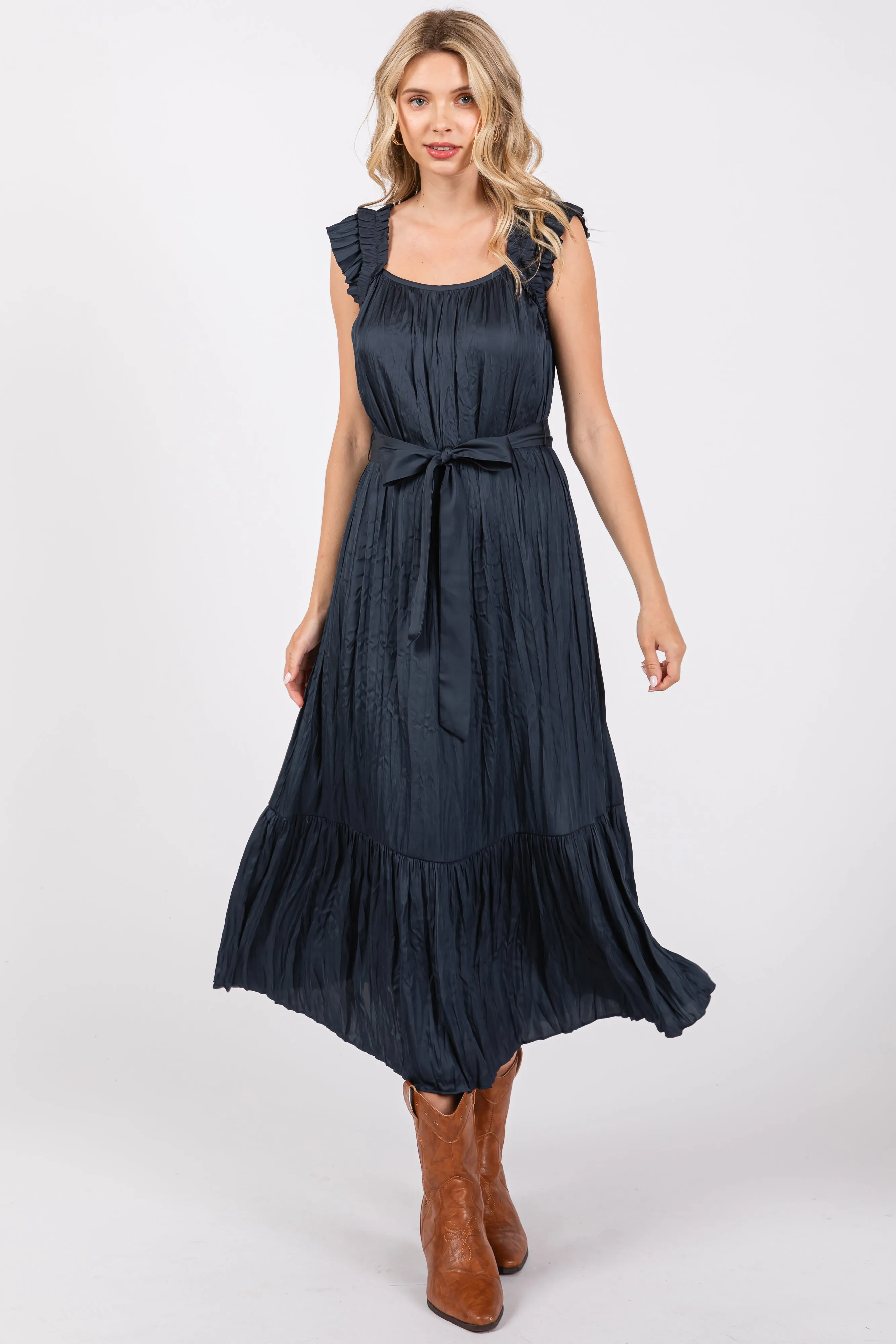 Navy Blue Ruffle Short Sleeve Self Tie Dress sold by Pinkblush product image thumbnail 2
