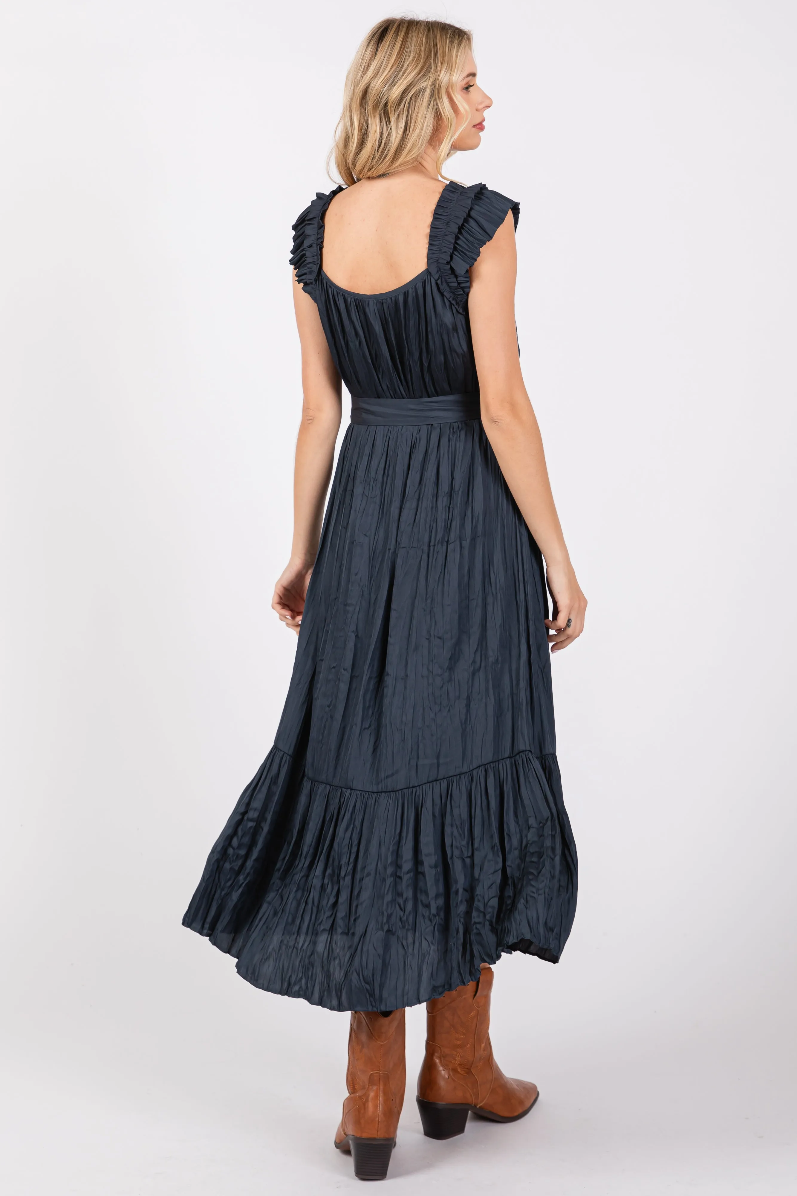 Navy Blue Ruffle Short Sleeve Self Tie Dress sold by Pinkblush product image thumbnail 3