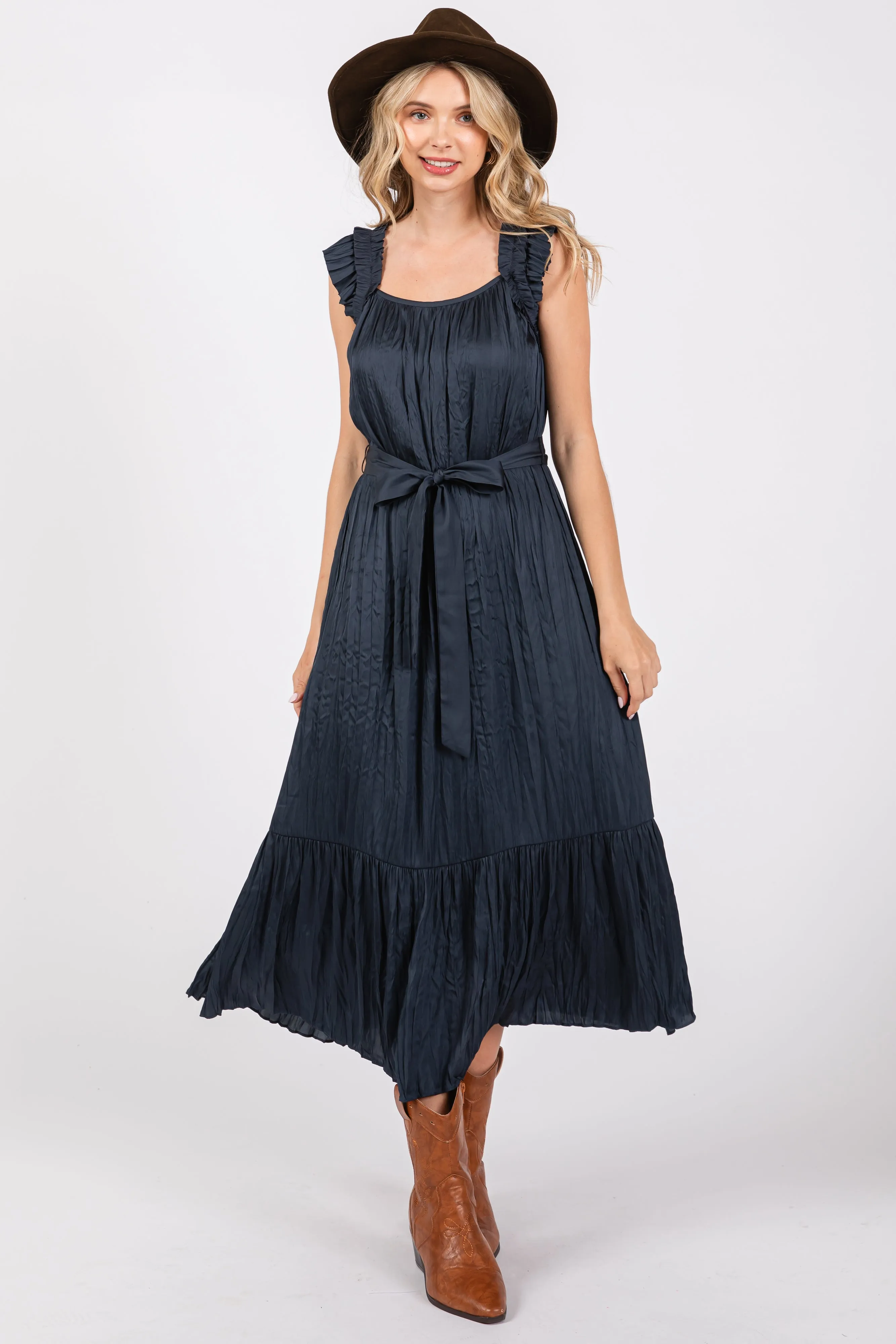 Navy Blue Ruffle Short Sleeve Self Tie Dress sold by Pinkblush product image thumbnail 4