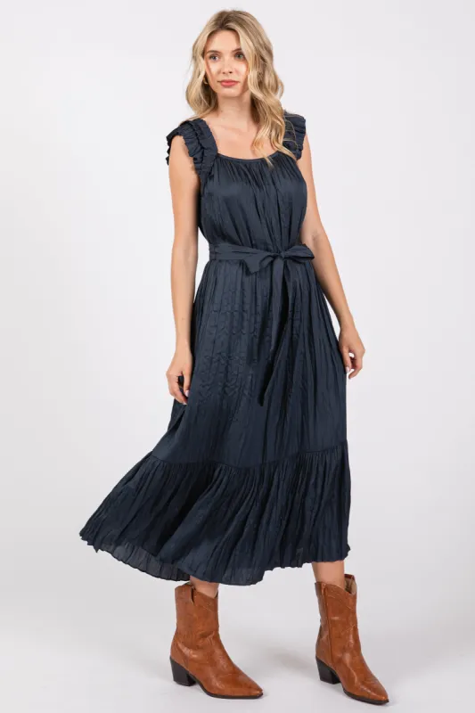 Navy Blue Ruffle Short Sleeve Self Tie Dress sold by Pinkblush