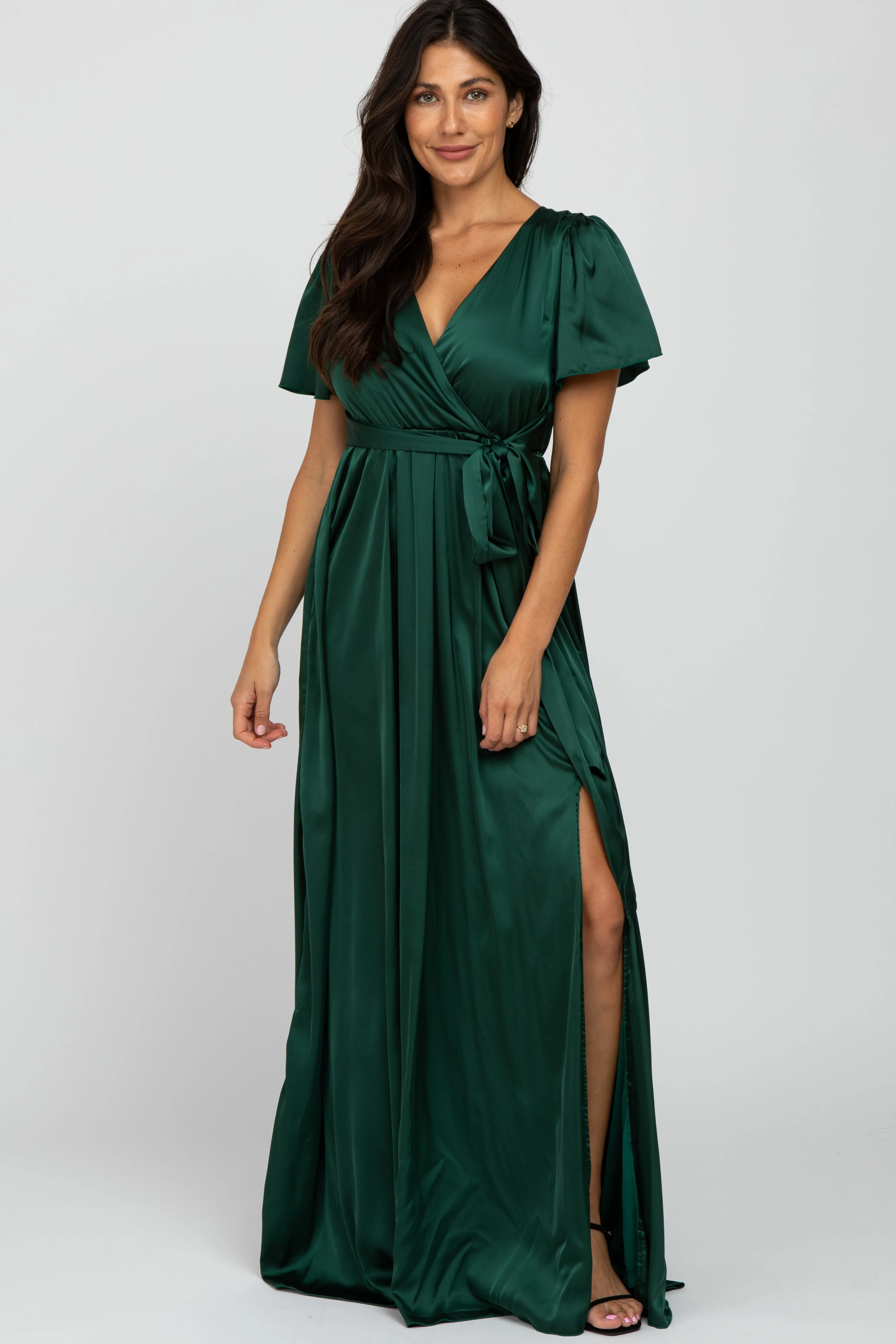 Green Side Slit Satin Maxi Dress sold by Pinkblush
