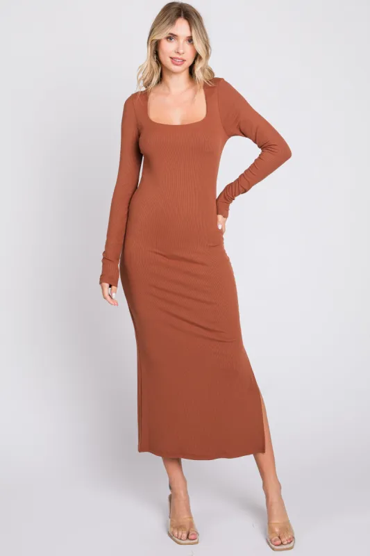Brown Ribbed Side Slit Midi Dress sold by Pinkblush