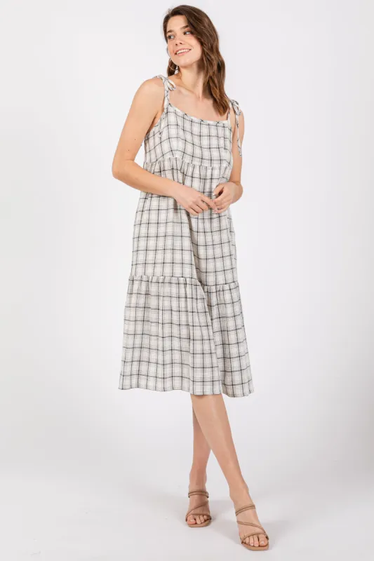 Ivory Plaid Shoulder Tie Midi Dress sold by Pinkblush