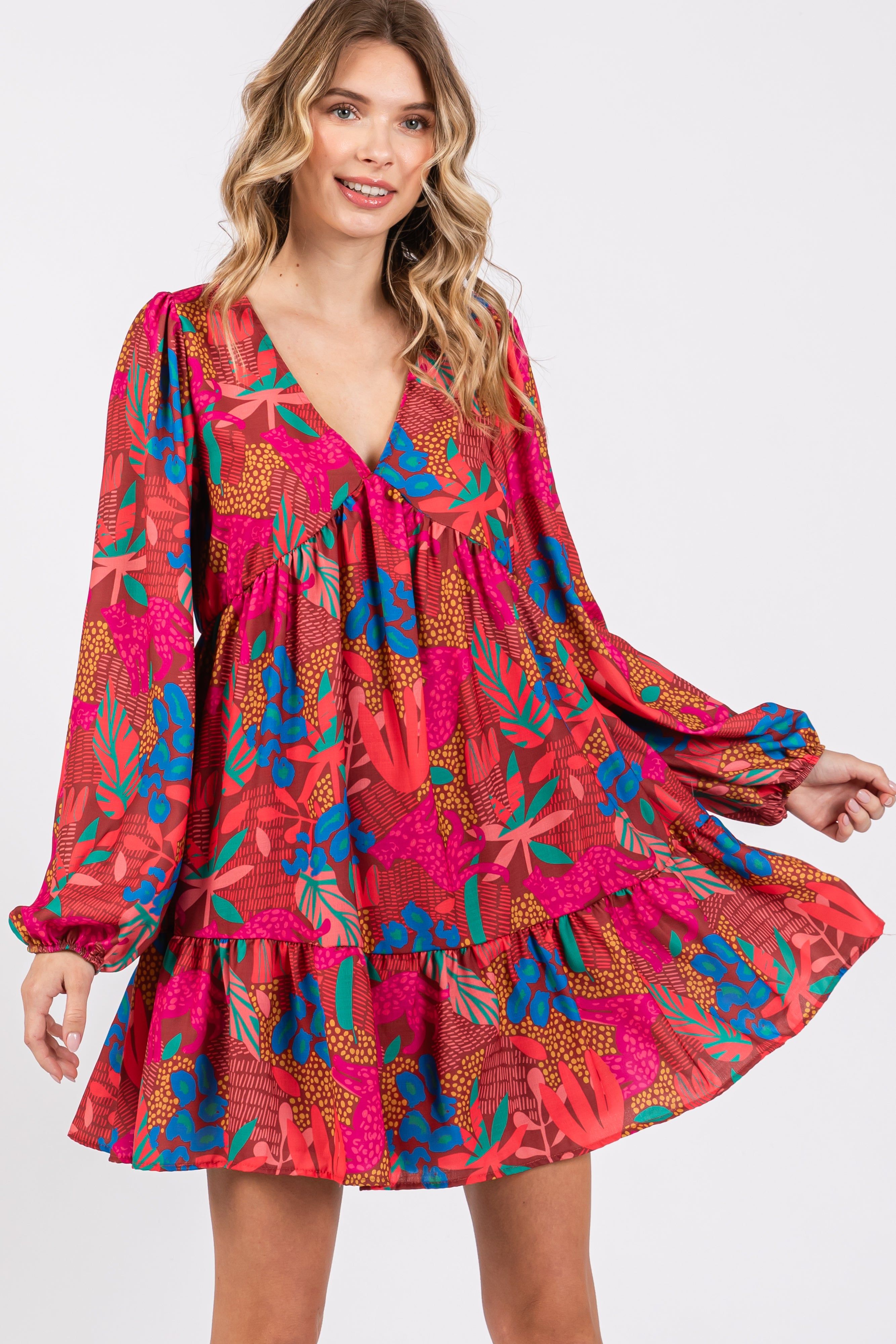 Mocha Floral V-Neck Ruffle Hem Dress sold by Pinkblush