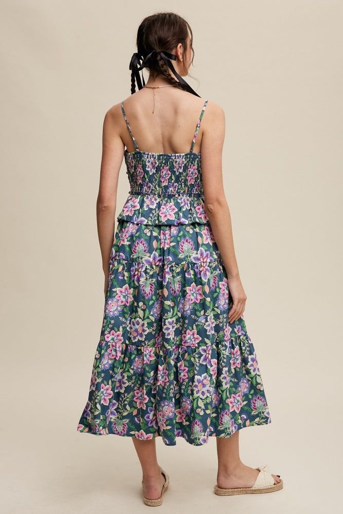 Green Flower Print Ruched Design Tiered Maxi Dress sold by Pinkblush product image thumbnail 3