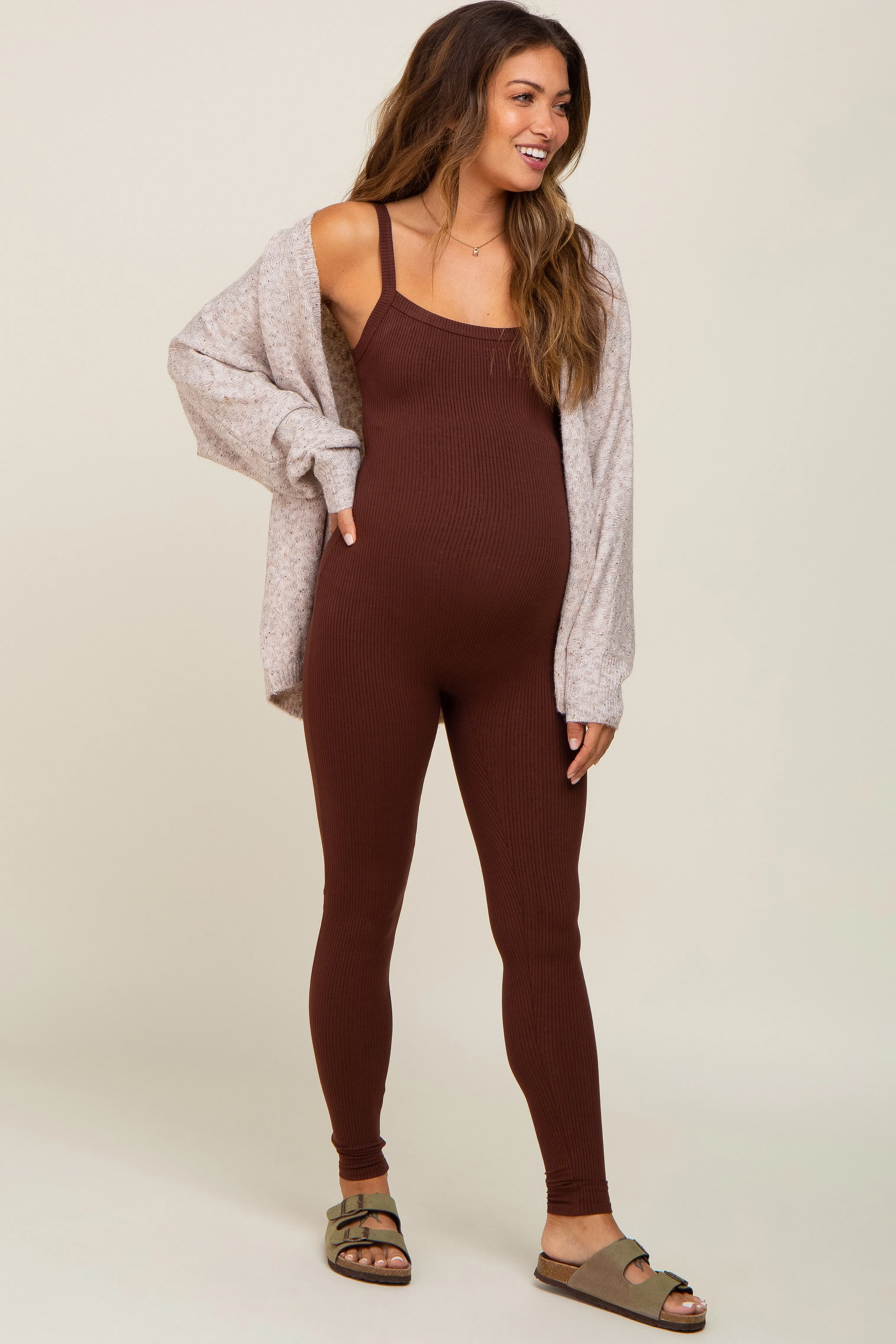 Brown Ribbed Sleeveless Maternity Jumpsuit sold by Pinkblush product image thumbnail 4