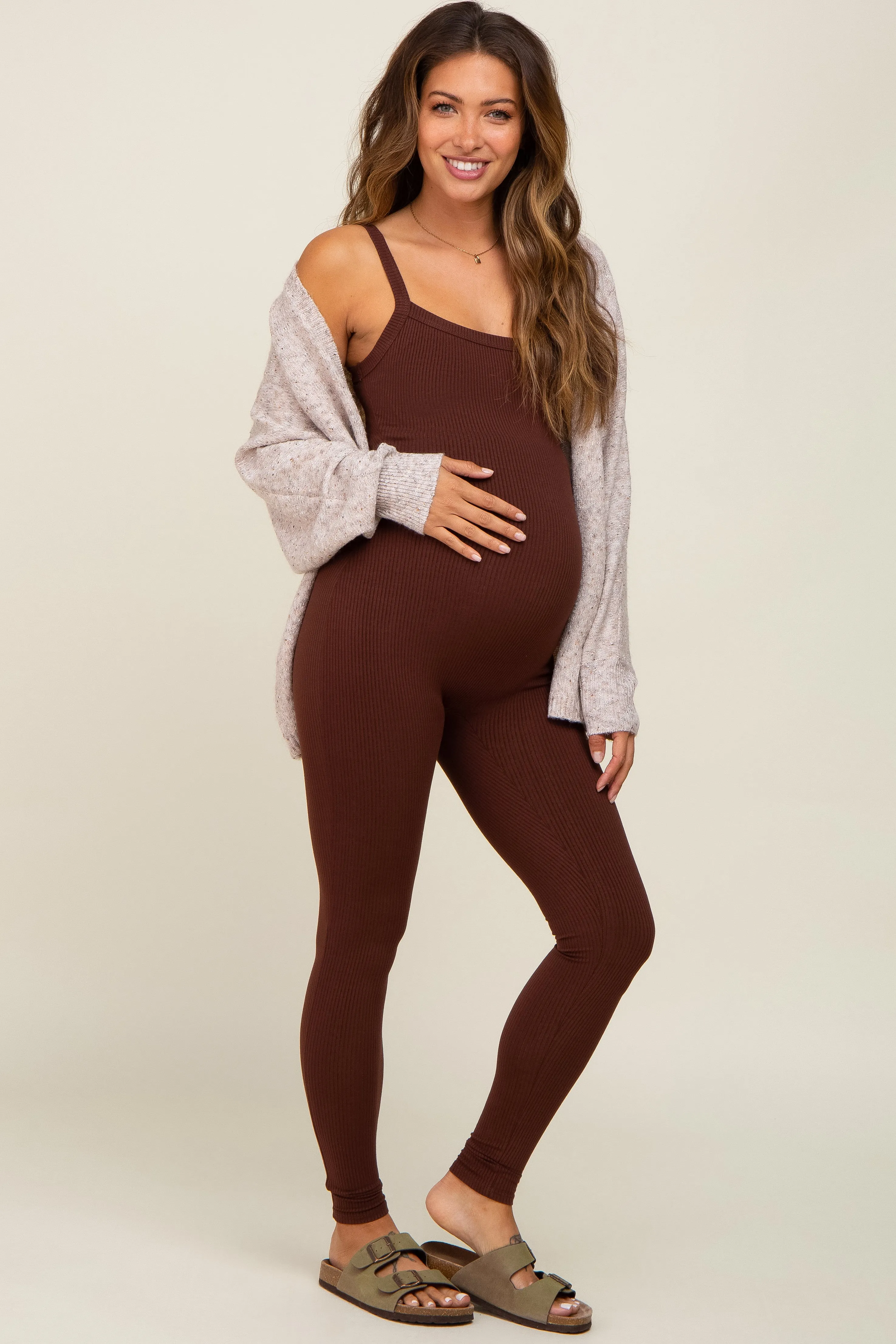 Brown Ribbed Sleeveless Maternity Jumpsuit sold by Pinkblush