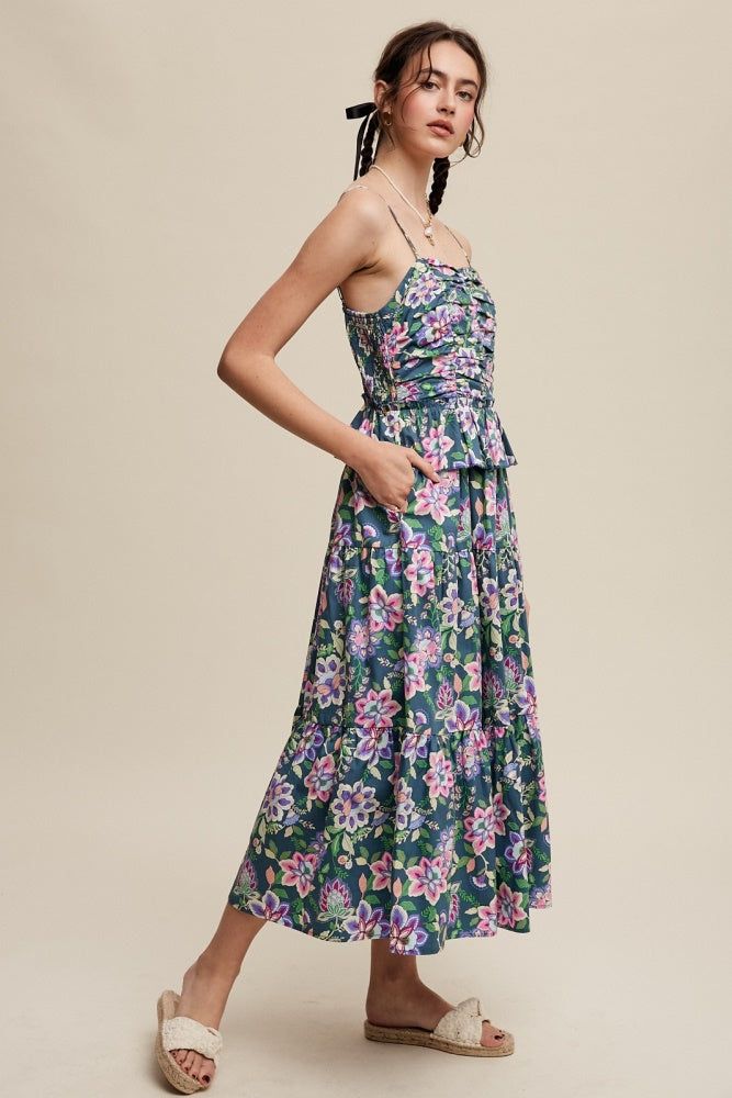 Green Flower Print Ruched Design Tiered Maxi Dress sold by Pinkblush product image thumbnail 2