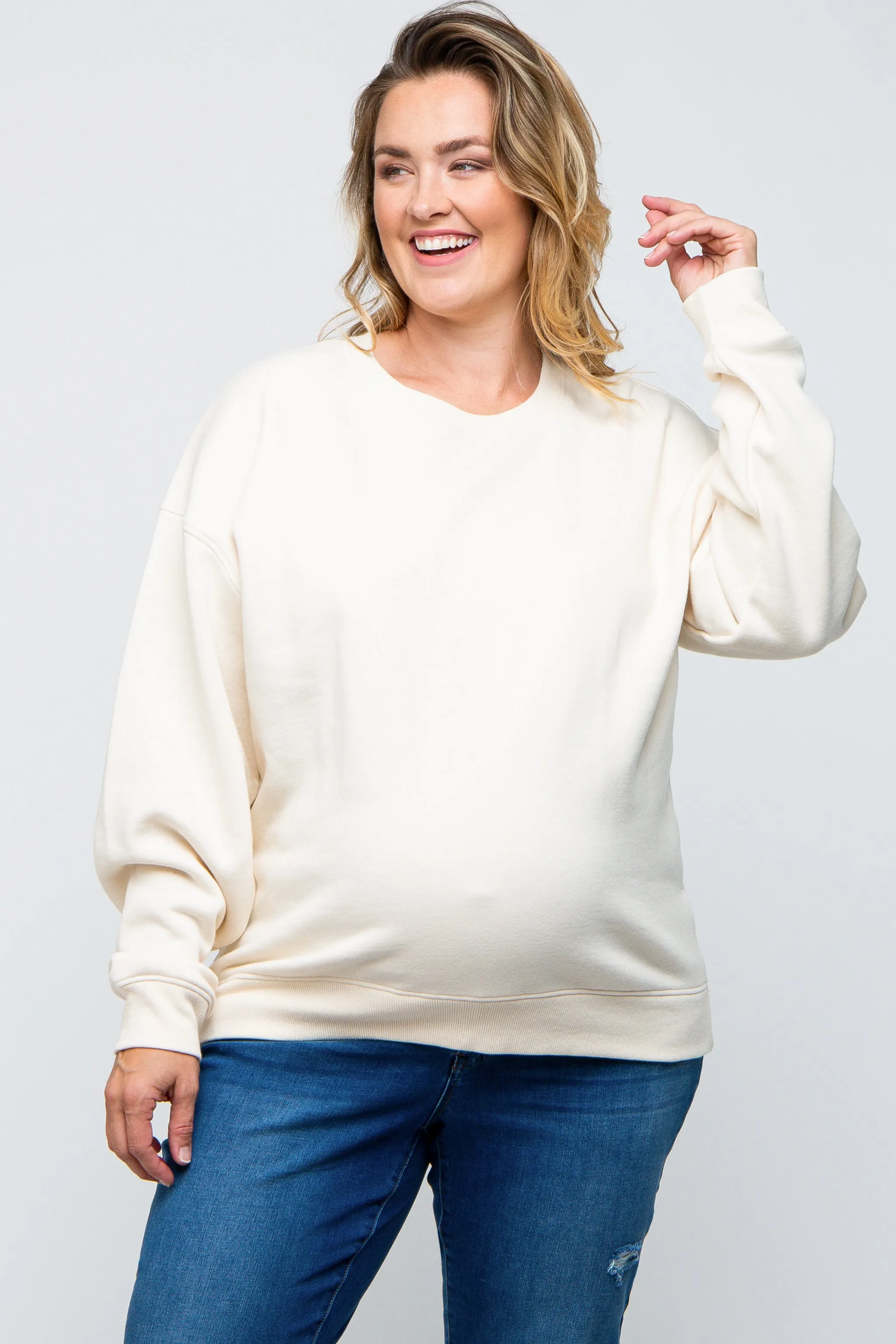 Ivory Soft Knit Fleece Lined Maternity Plus Sweatshirt sold by Pinkblush