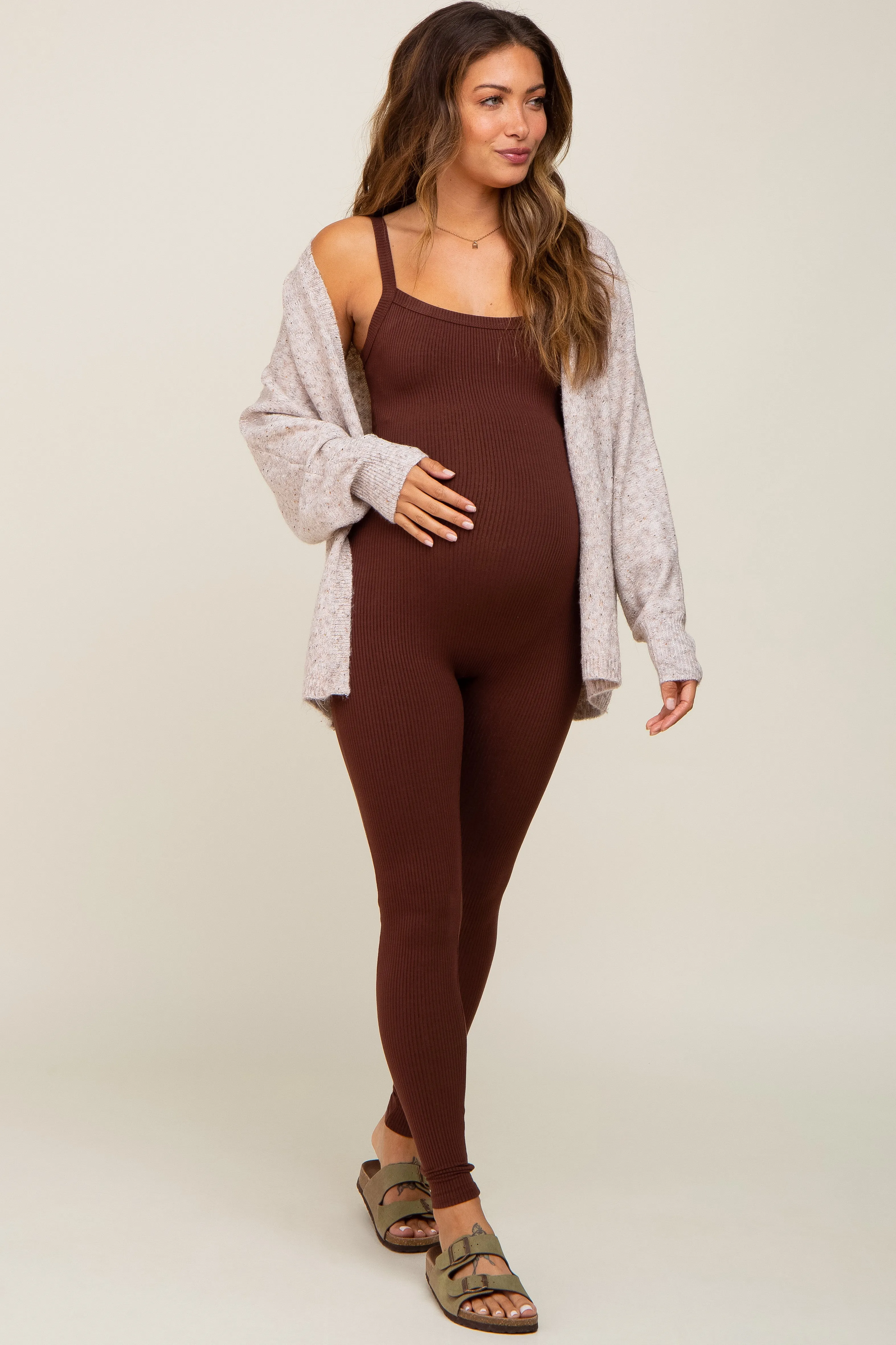 Brown Ribbed Sleeveless Maternity Jumpsuit sold by Pinkblush product image thumbnail 5