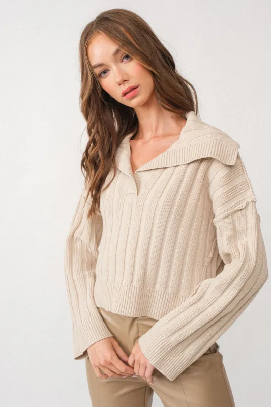 Oatmeal Loose Fit Rib Knit Sweater Top sold by Pinkblush