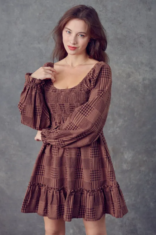 Mocha Brown Plaid Smocked Bodice Long Sleeve Dress sold by Pinkblush