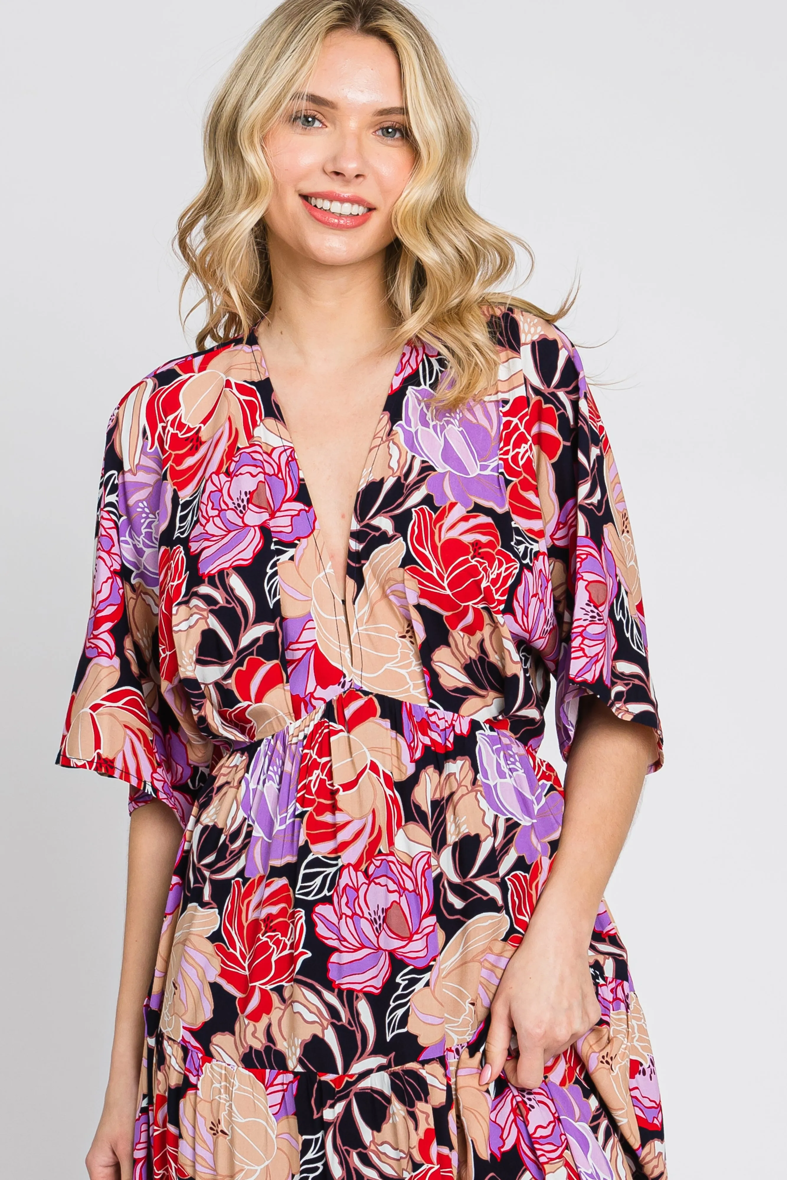 Navy Blue Floral Deep V-Neck Tiered Maxi Dress sold by Pinkblush product image thumbnail 4