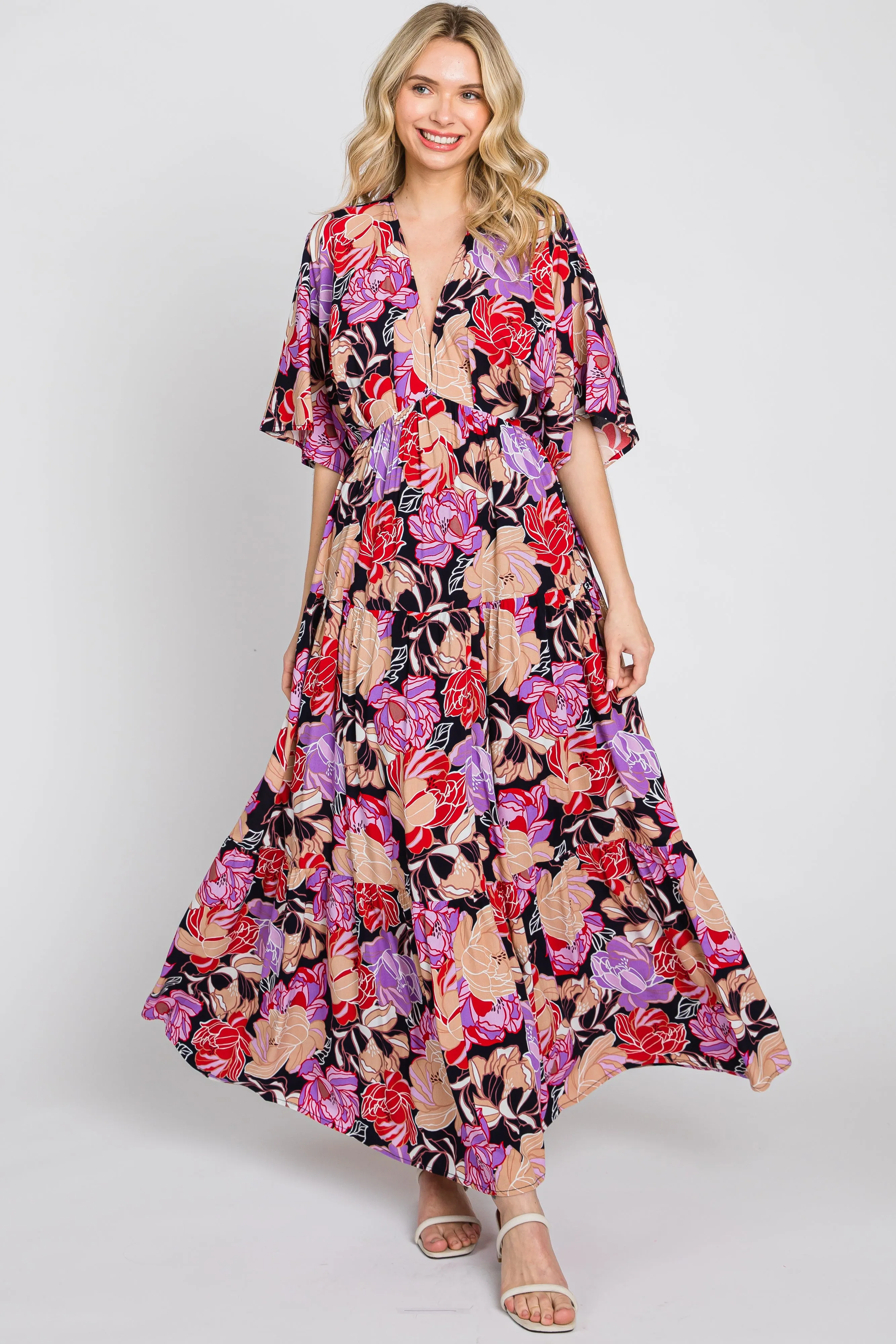 Navy Blue Floral Deep V-Neck Tiered Maxi Dress sold by Pinkblush