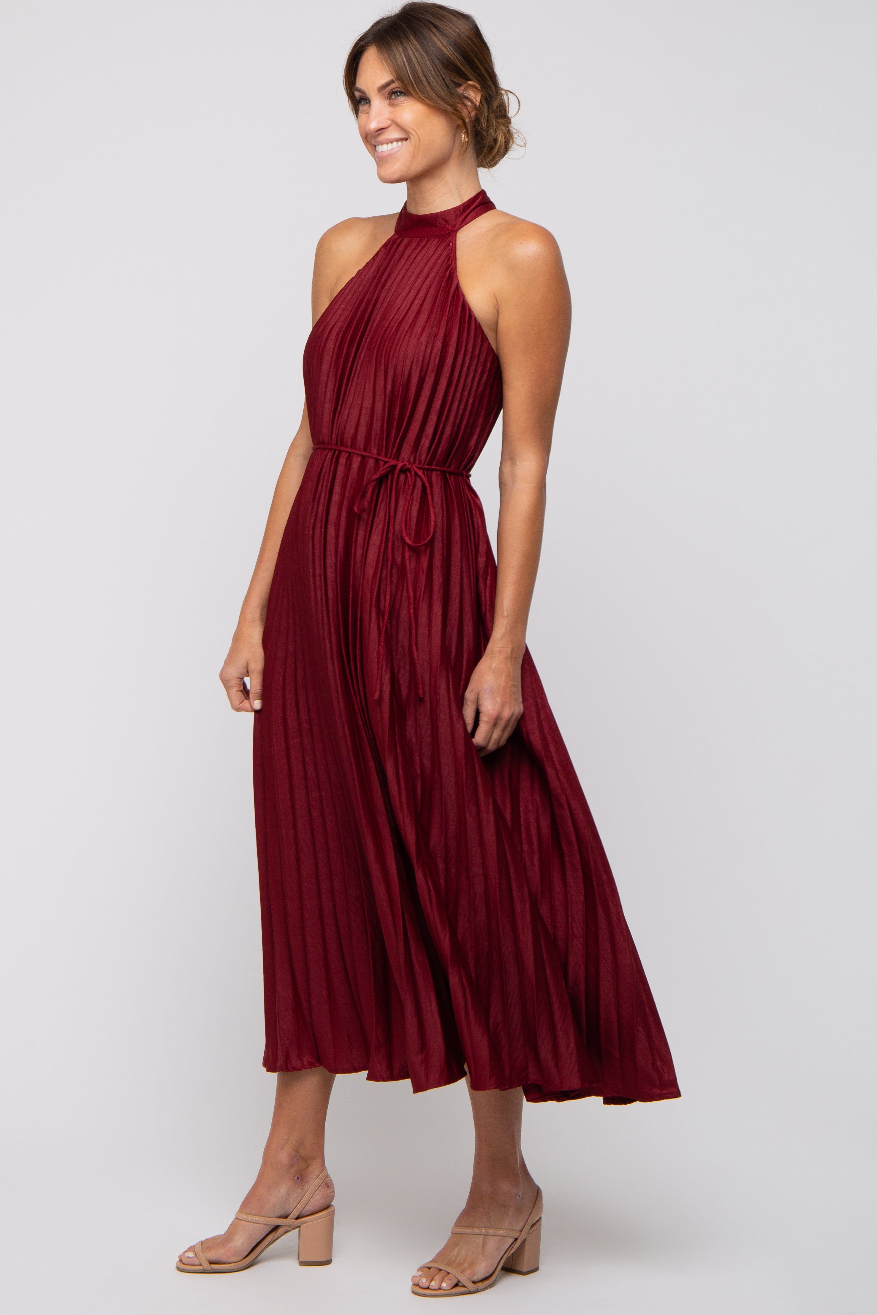 Burgundy Pleated Halter Dress sold by Pinkblush product image thumbnail 2