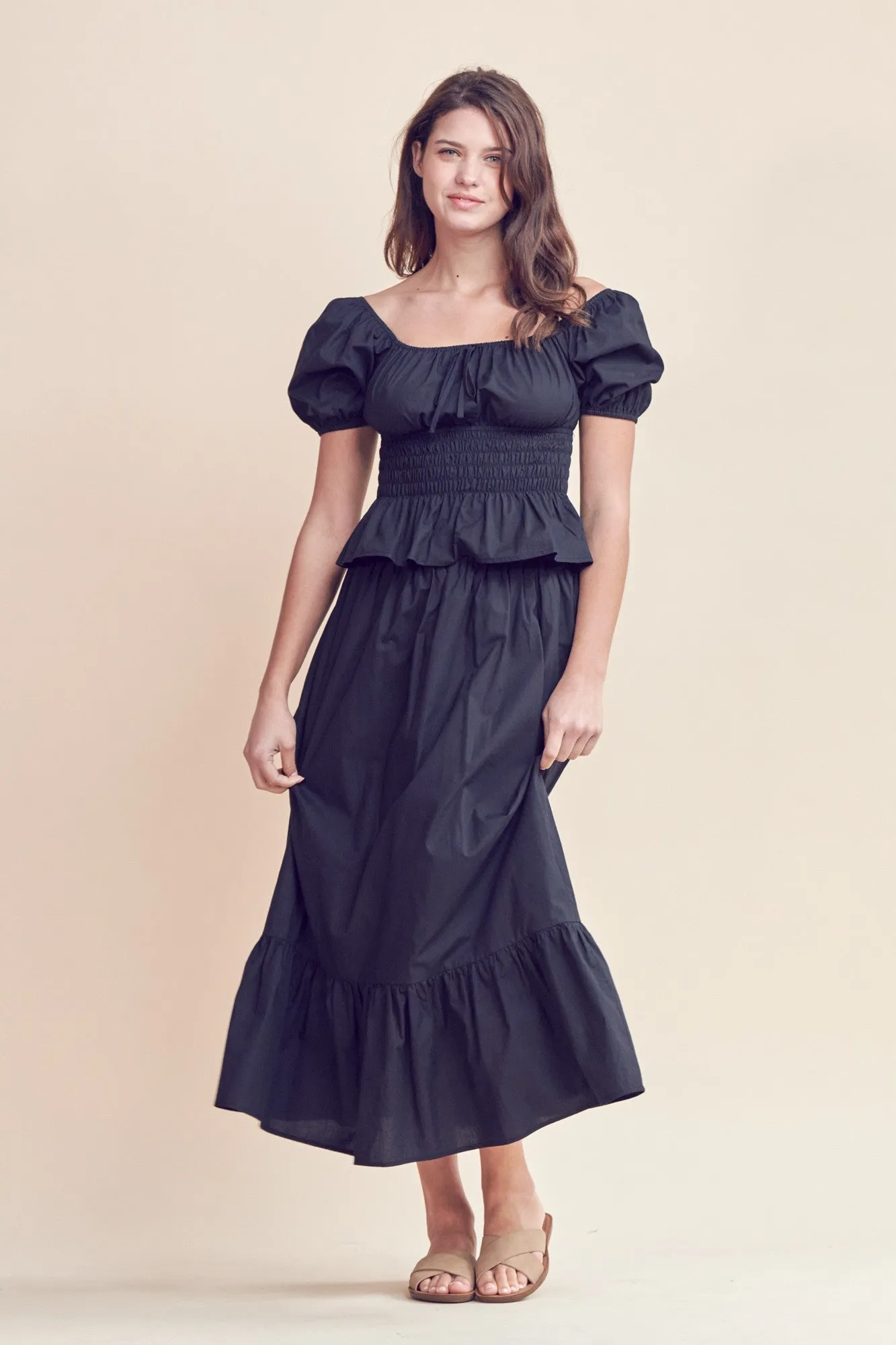 Black Square Neck Puff Sleeve Top And Midi Skirt Set sold by Pinkblush
