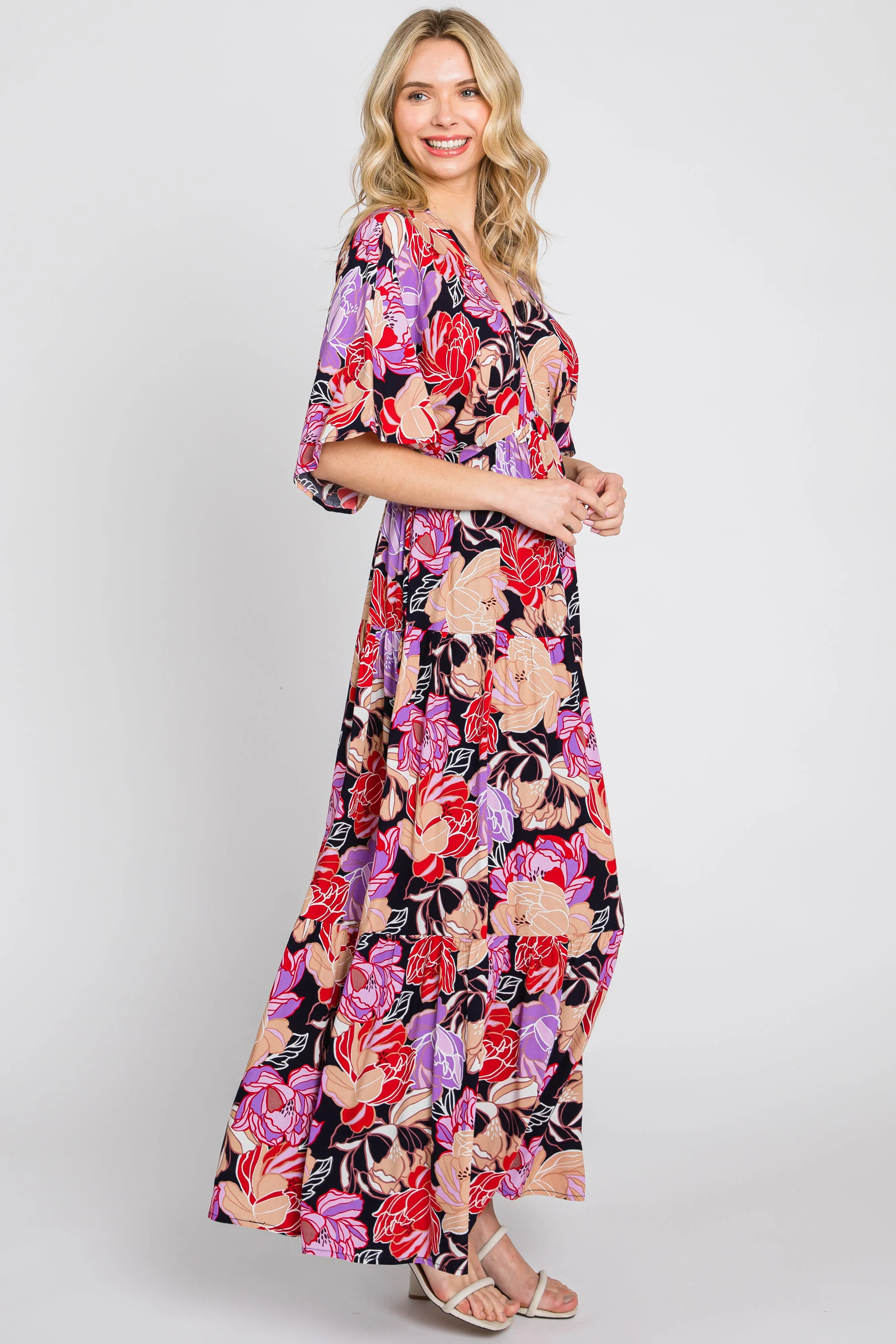 Navy Blue Floral Deep V-Neck Tiered Maxi Dress sold by Pinkblush product image thumbnail 2