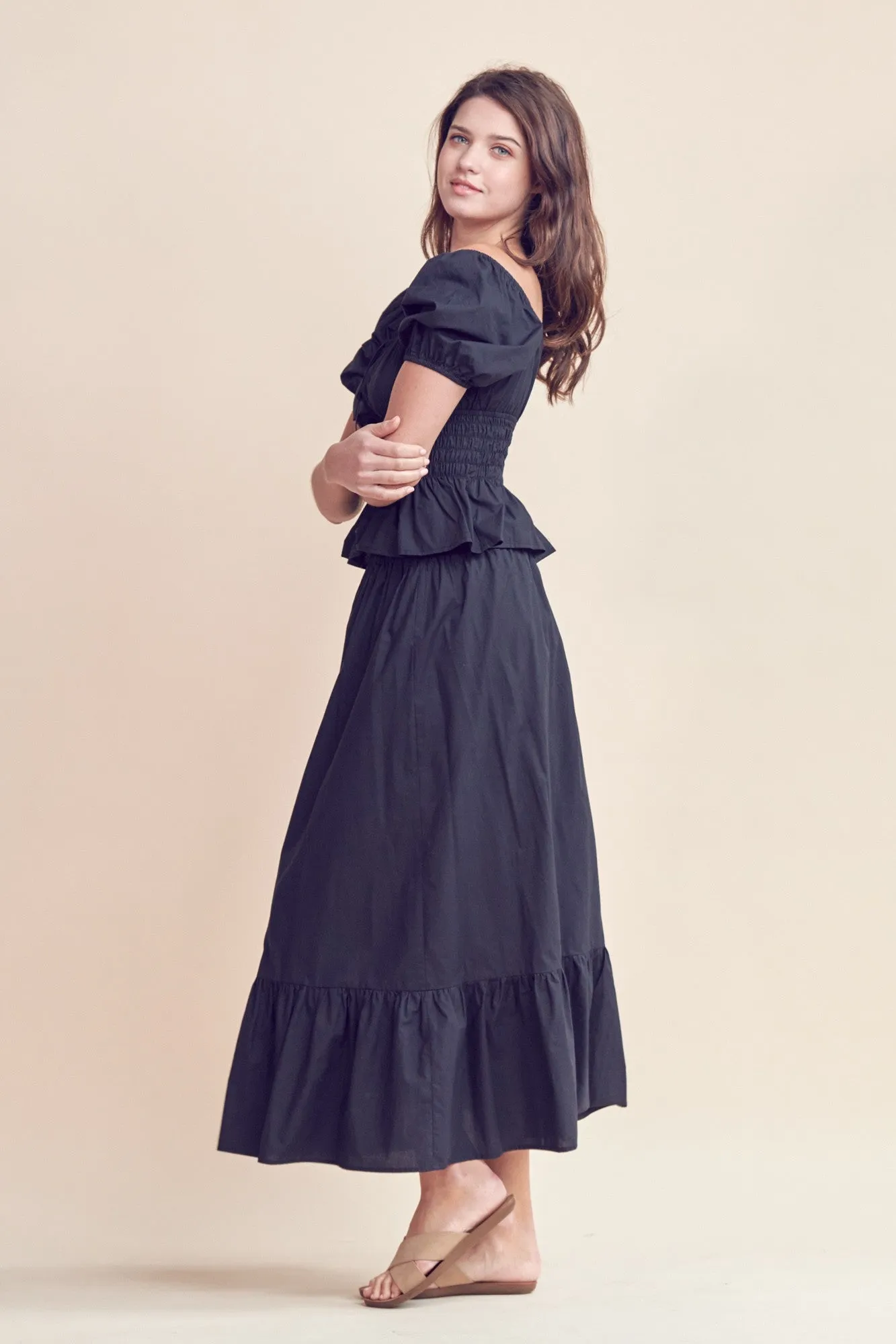 Black Square Neck Puff Sleeve Top And Midi Skirt Set sold by Pinkblush product image thumbnail 2