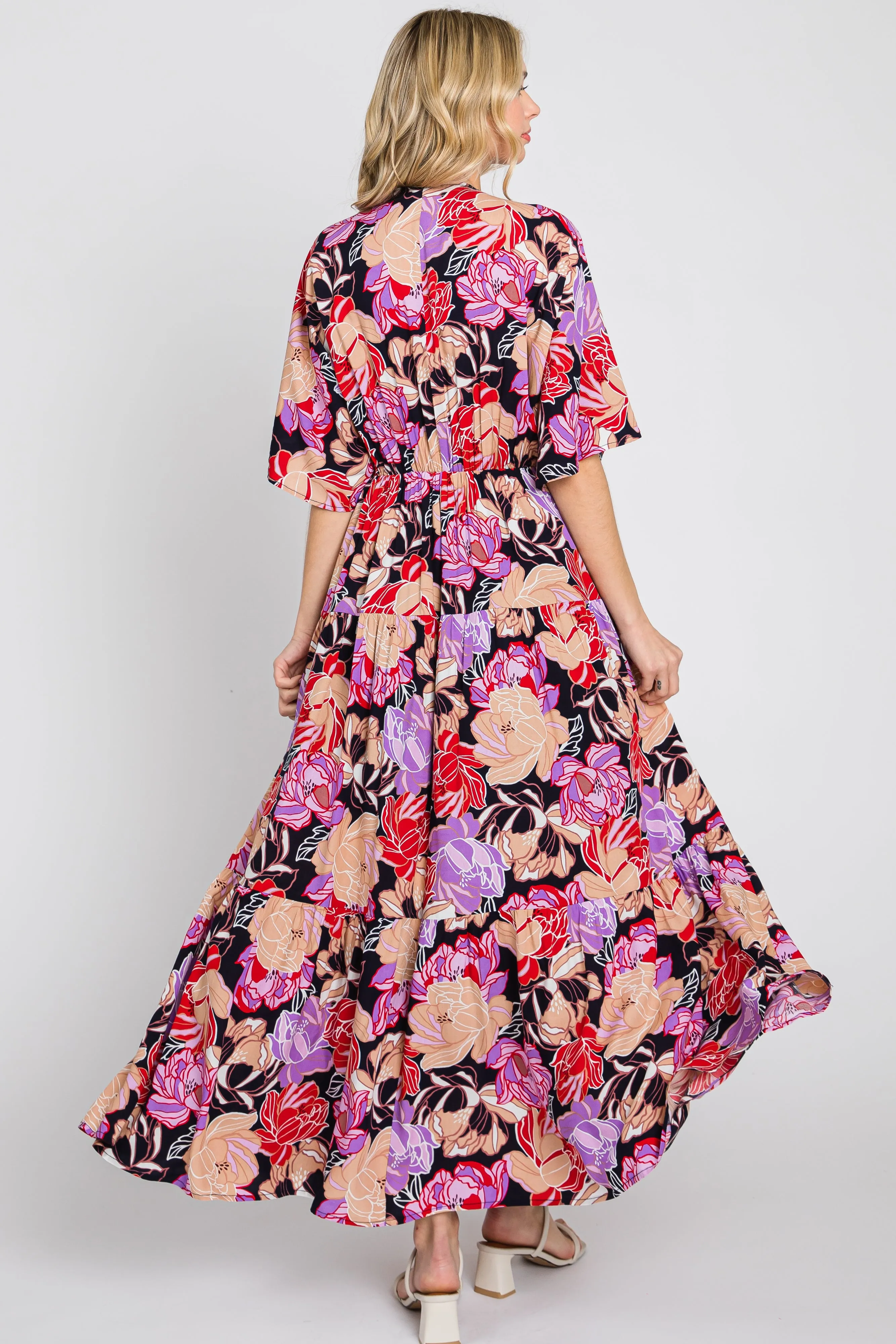 Navy Blue Floral Deep V-Neck Tiered Maxi Dress sold by Pinkblush product image thumbnail 3