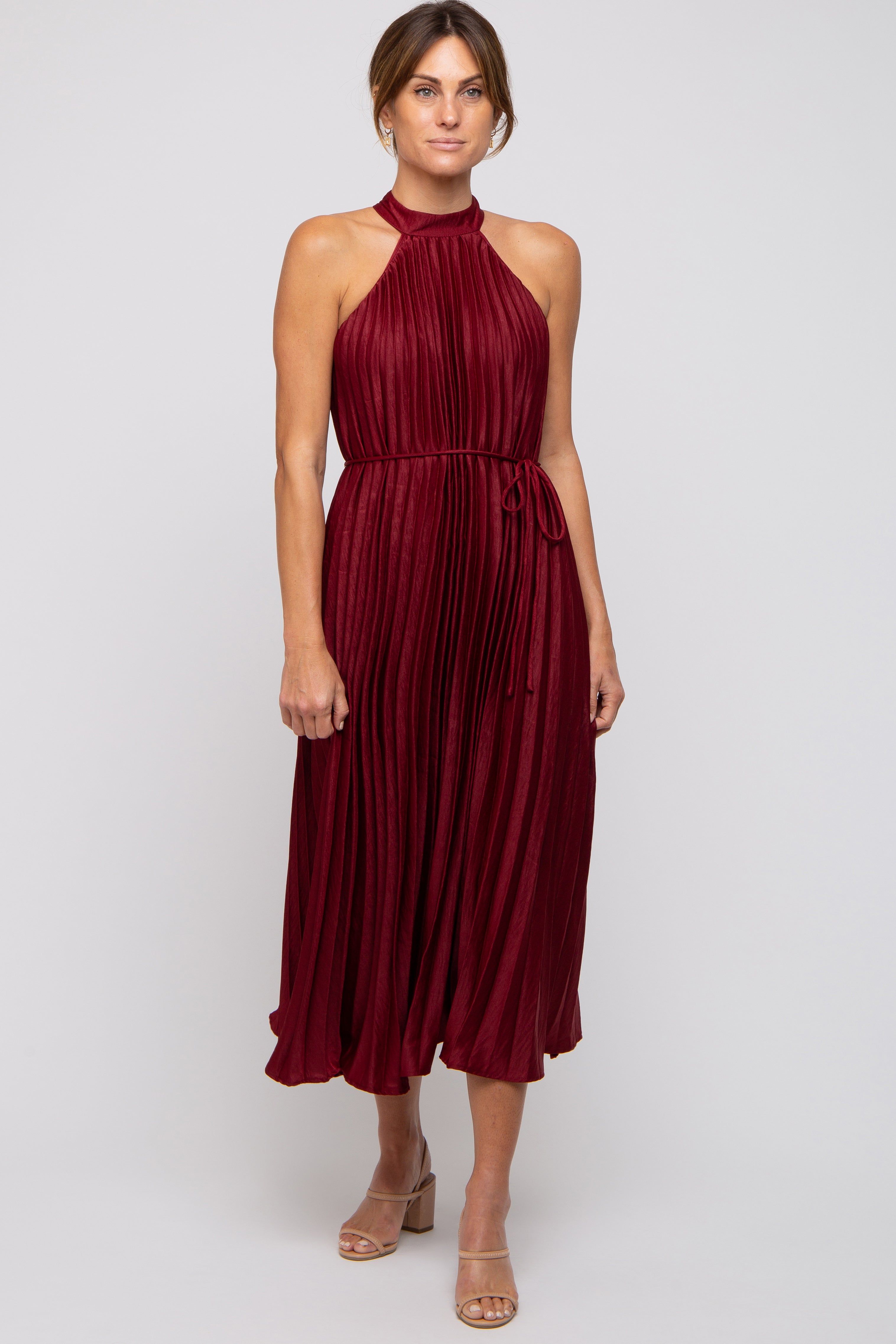 Burgundy Pleated Halter Dress sold by Pinkblush product image thumbnail 4