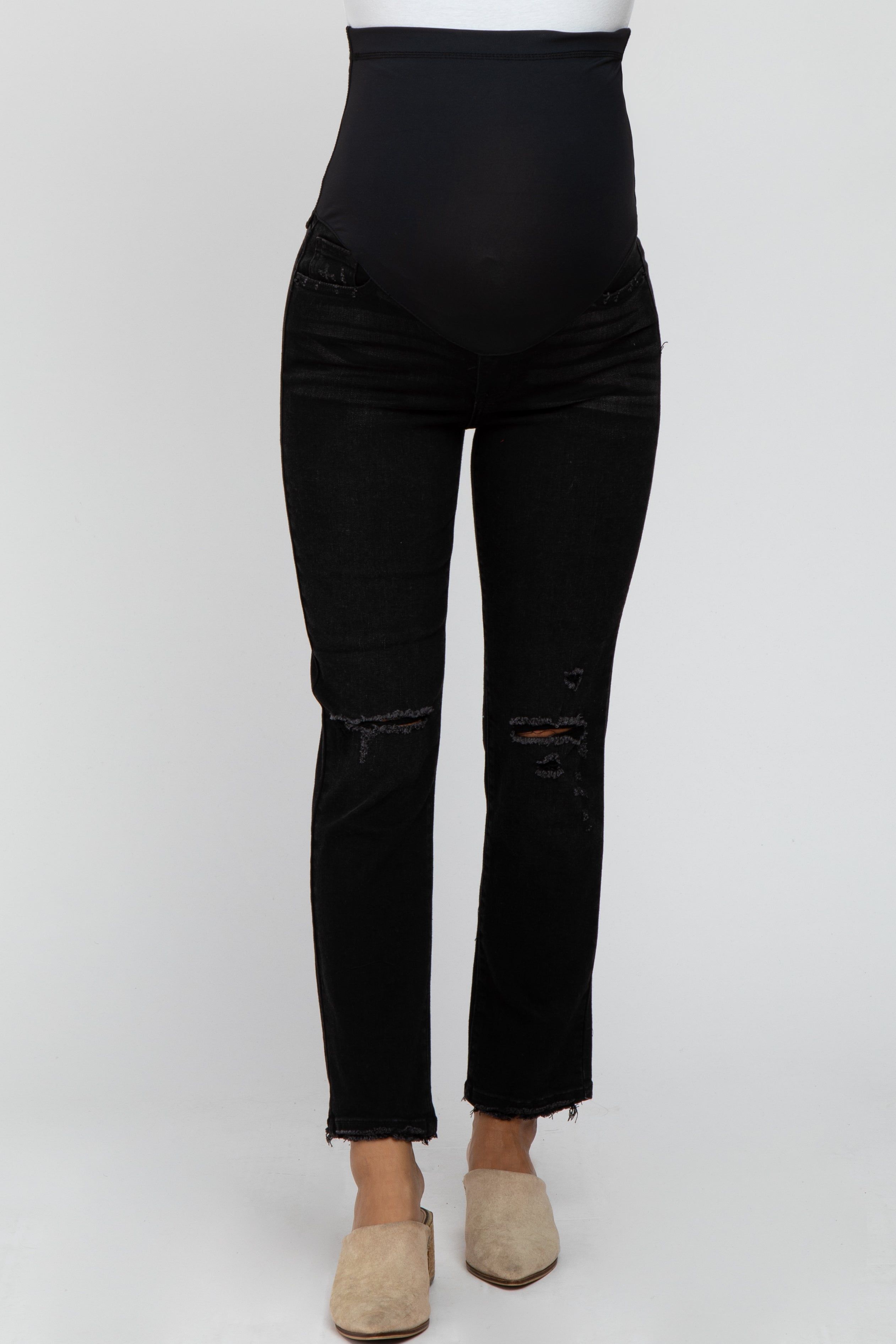 Black Distressed Ripped Knee Cropped Maternity Jeans sold by Pinkblush product image thumbnail 2