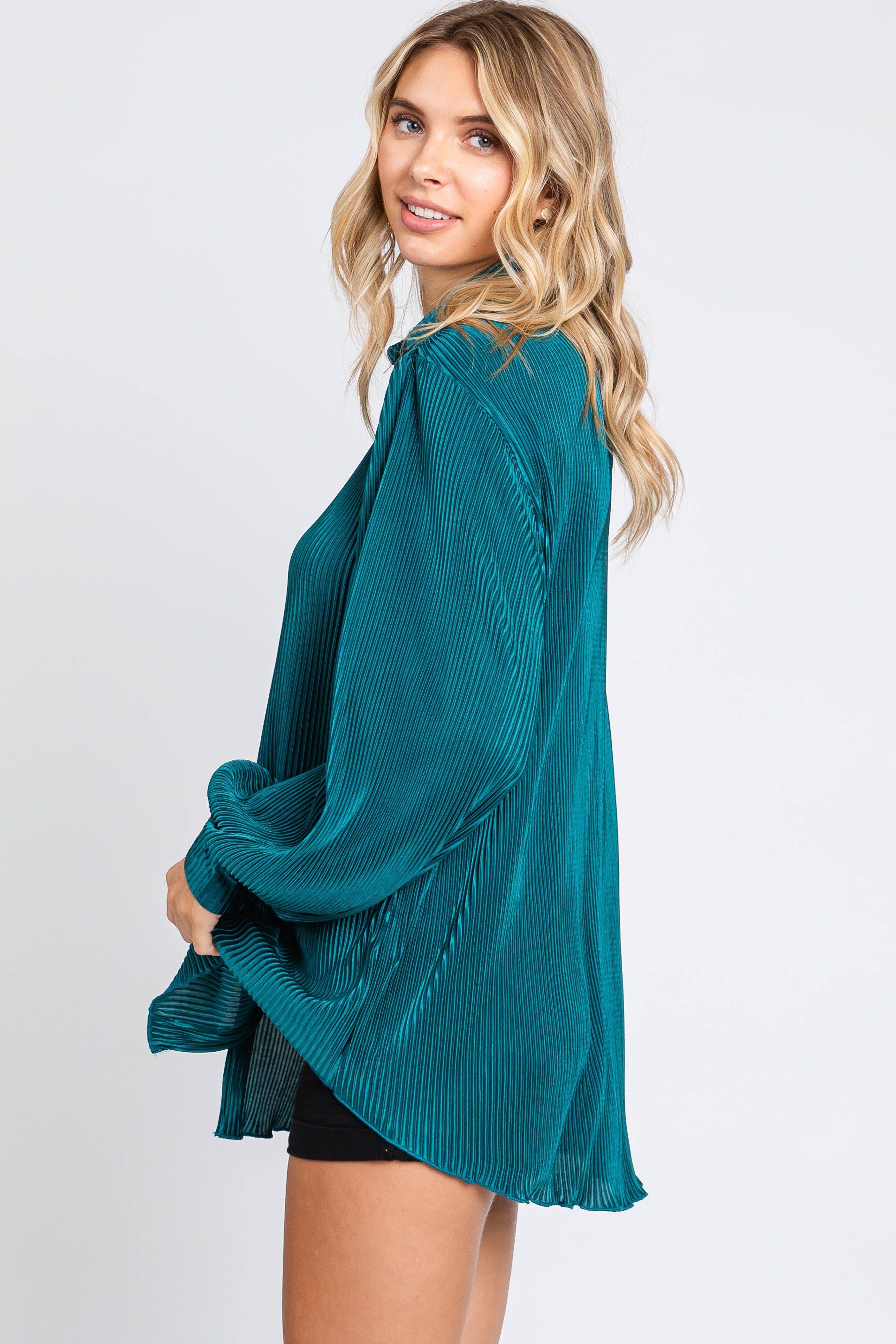 Teal Plisse Button Up Long Sleeve Top sold by Pinkblush product image thumbnail 2
