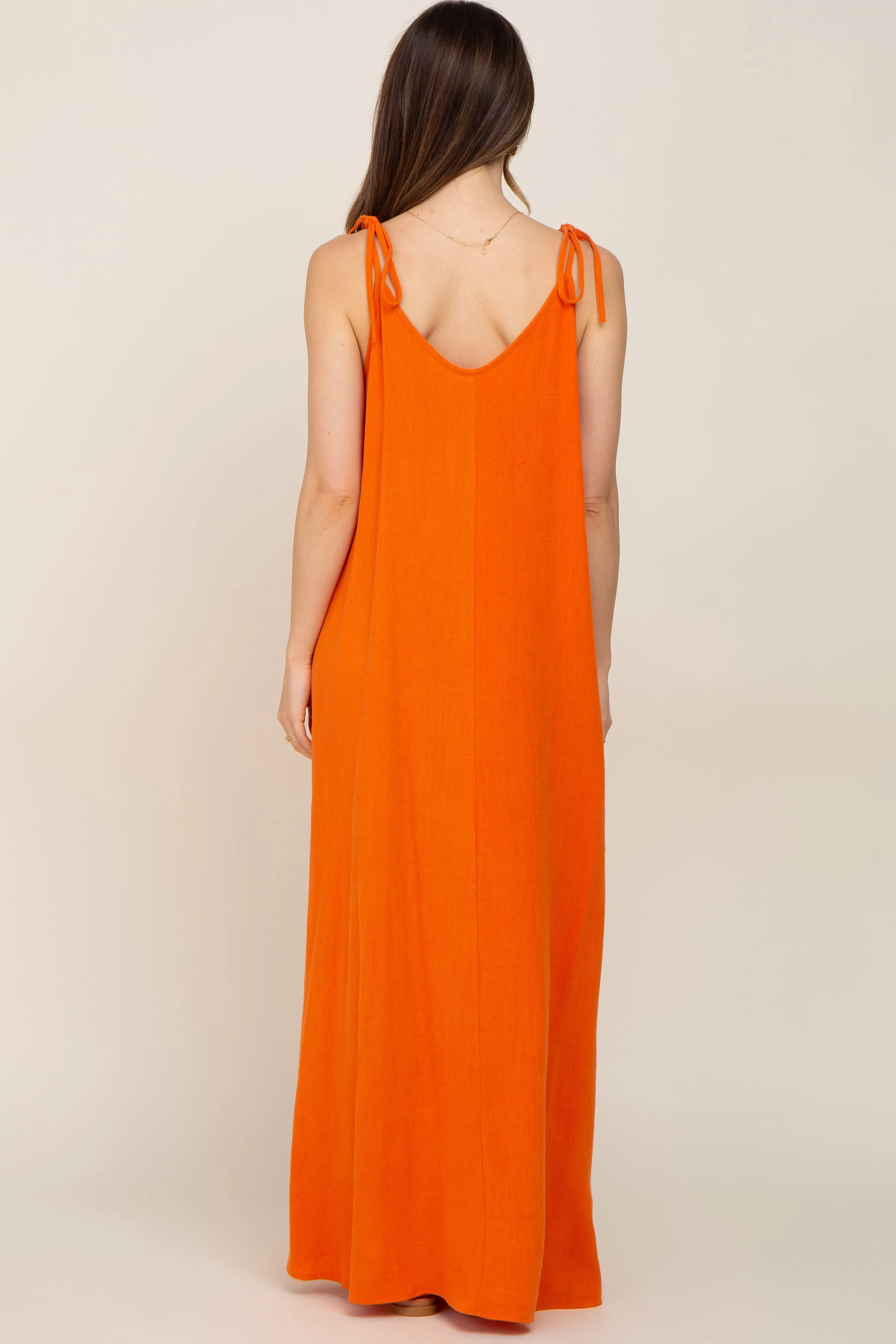 Orange Linen V-Neck Tie Strap Maternity Maxi Dress sold by Pinkblush product image thumbnail 3