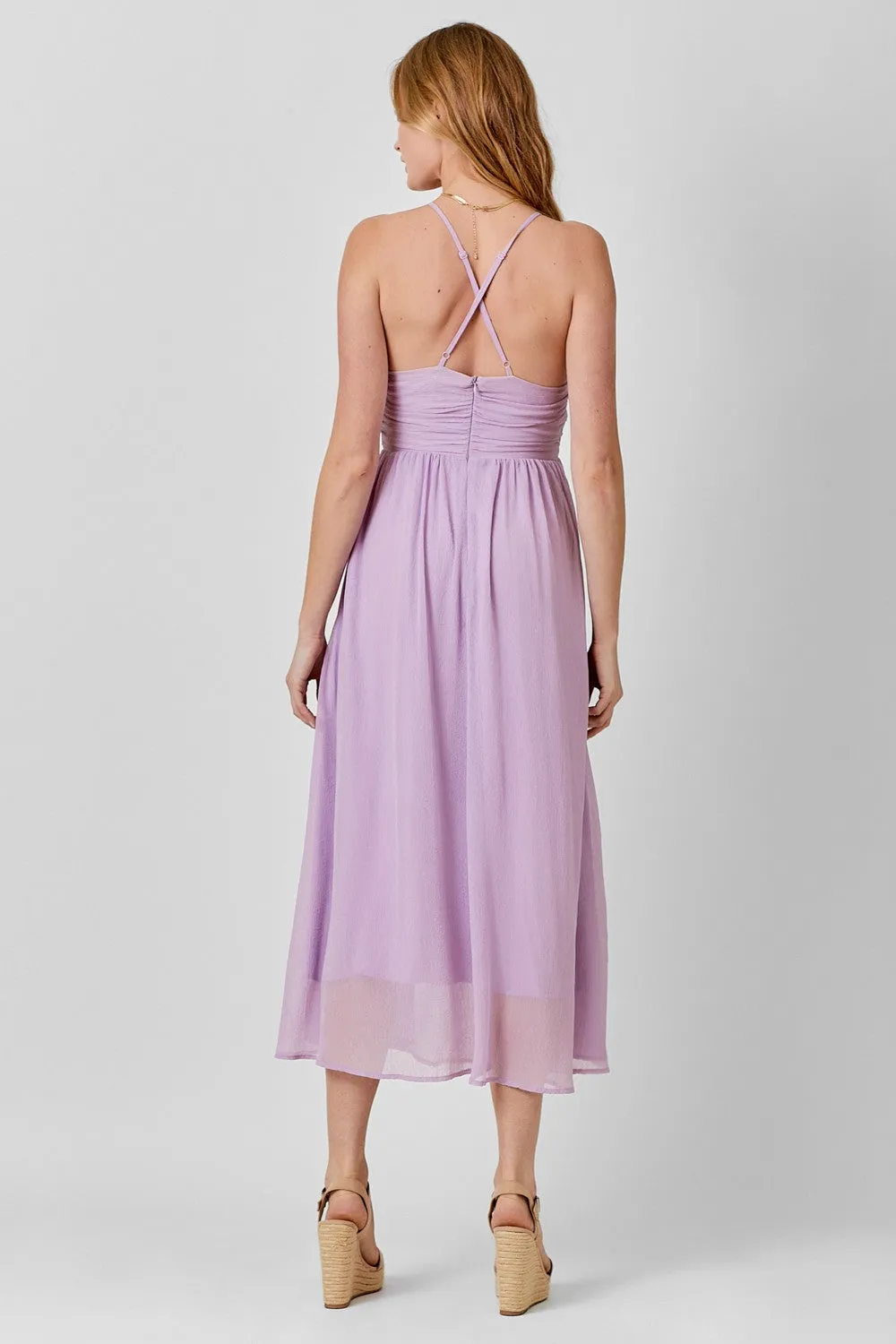 Lavender Ruched V-Neck Midi Dress sold by Pinkblush product image thumbnail 4
