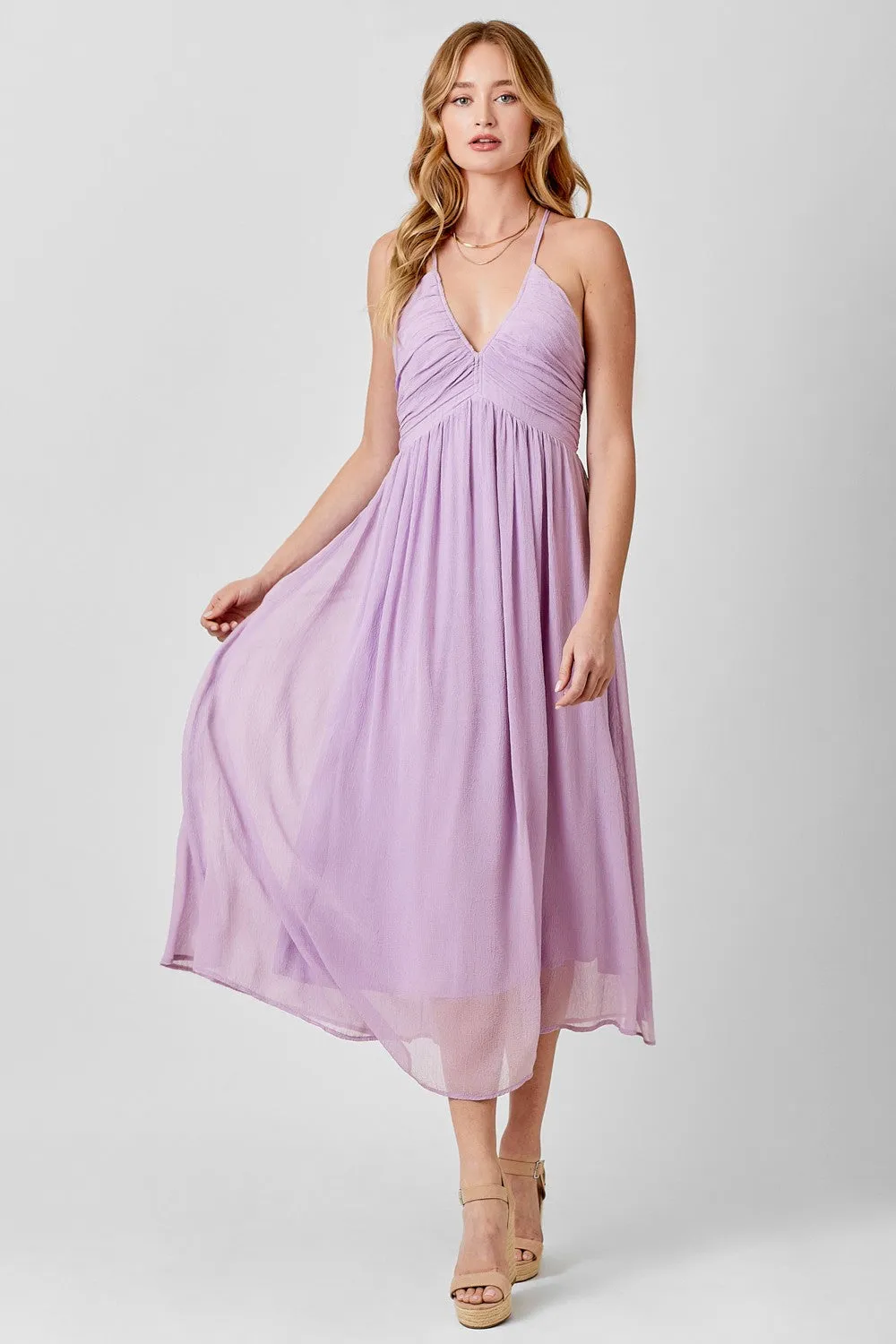 Lavender Ruched V-Neck Midi Dress sold by Pinkblush product image thumbnail 2
