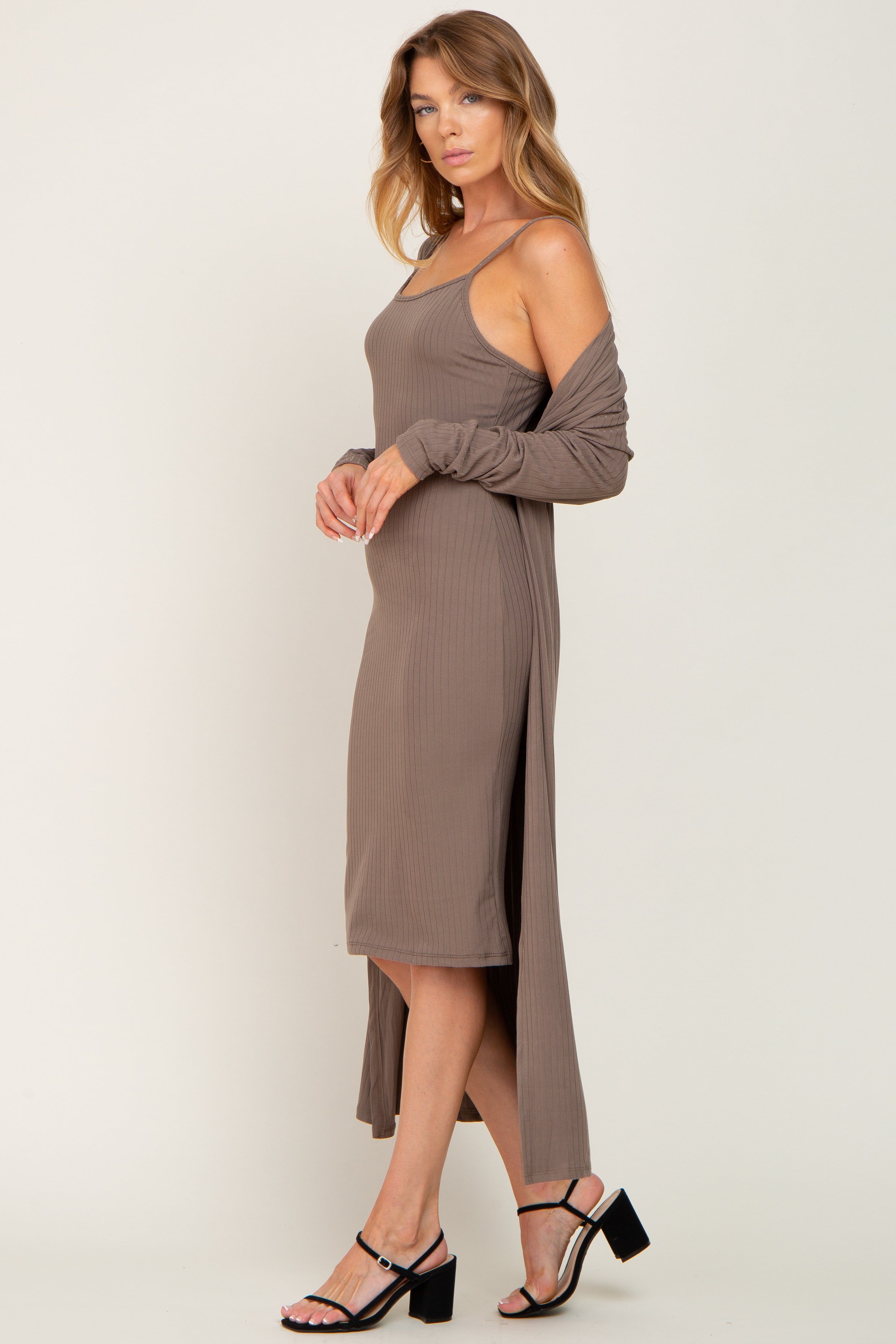 Taupe Ribbed Cardigan 2 Piece Set sold by Pinkblush product image thumbnail 2