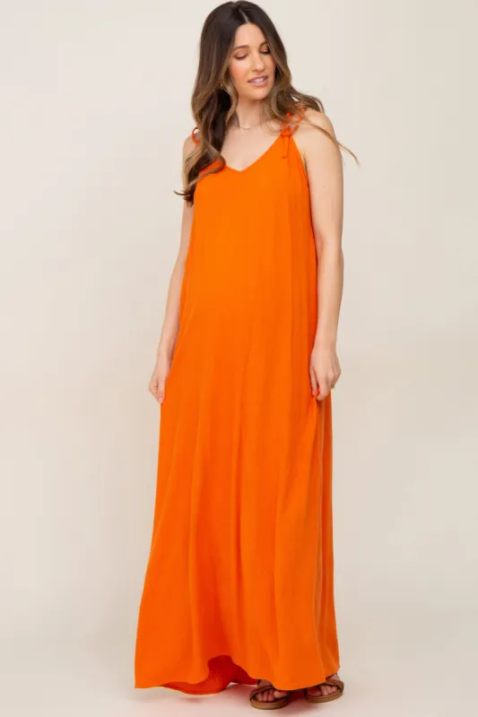 Orange Linen V-Neck Tie Strap Maternity Maxi Dress sold by Pinkblush