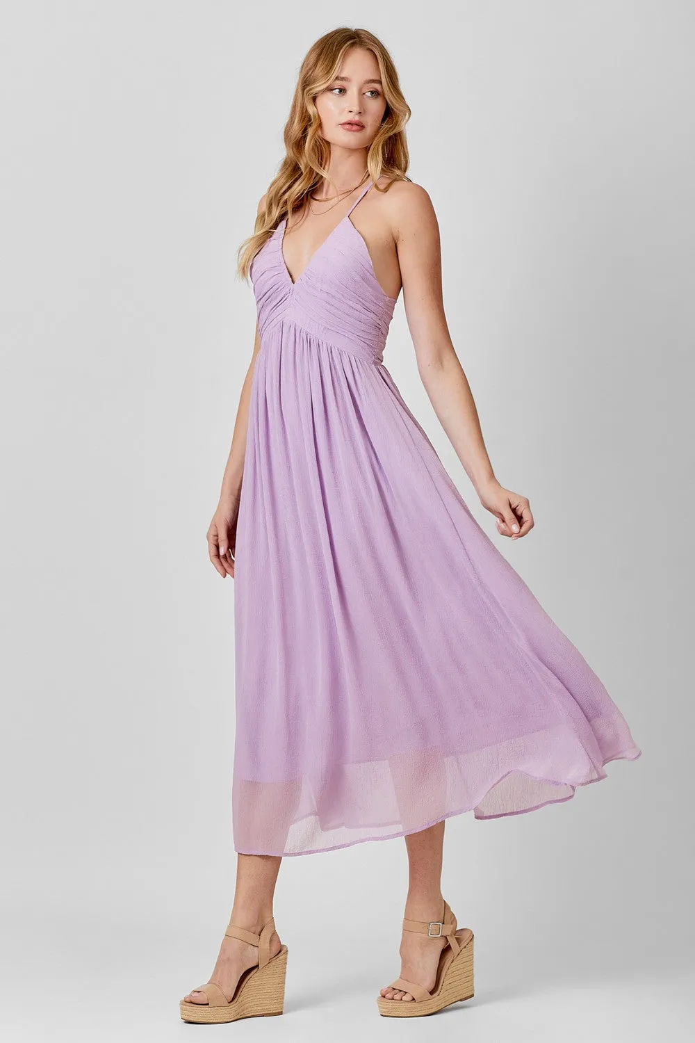 Lavender Ruched V-Neck Midi Dress sold by Pinkblush