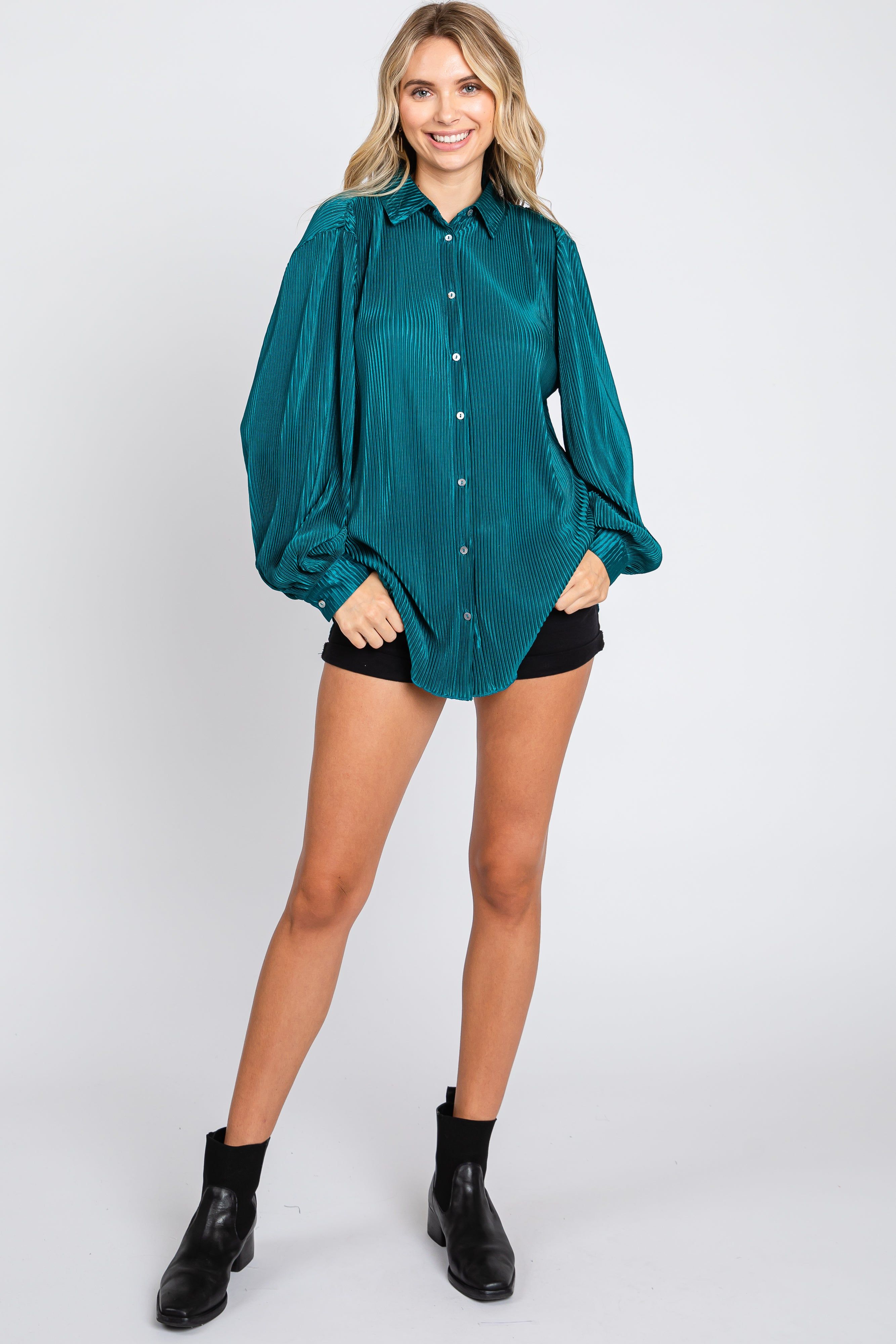 Teal Plisse Button Up Long Sleeve Top sold by Pinkblush product image thumbnail 4