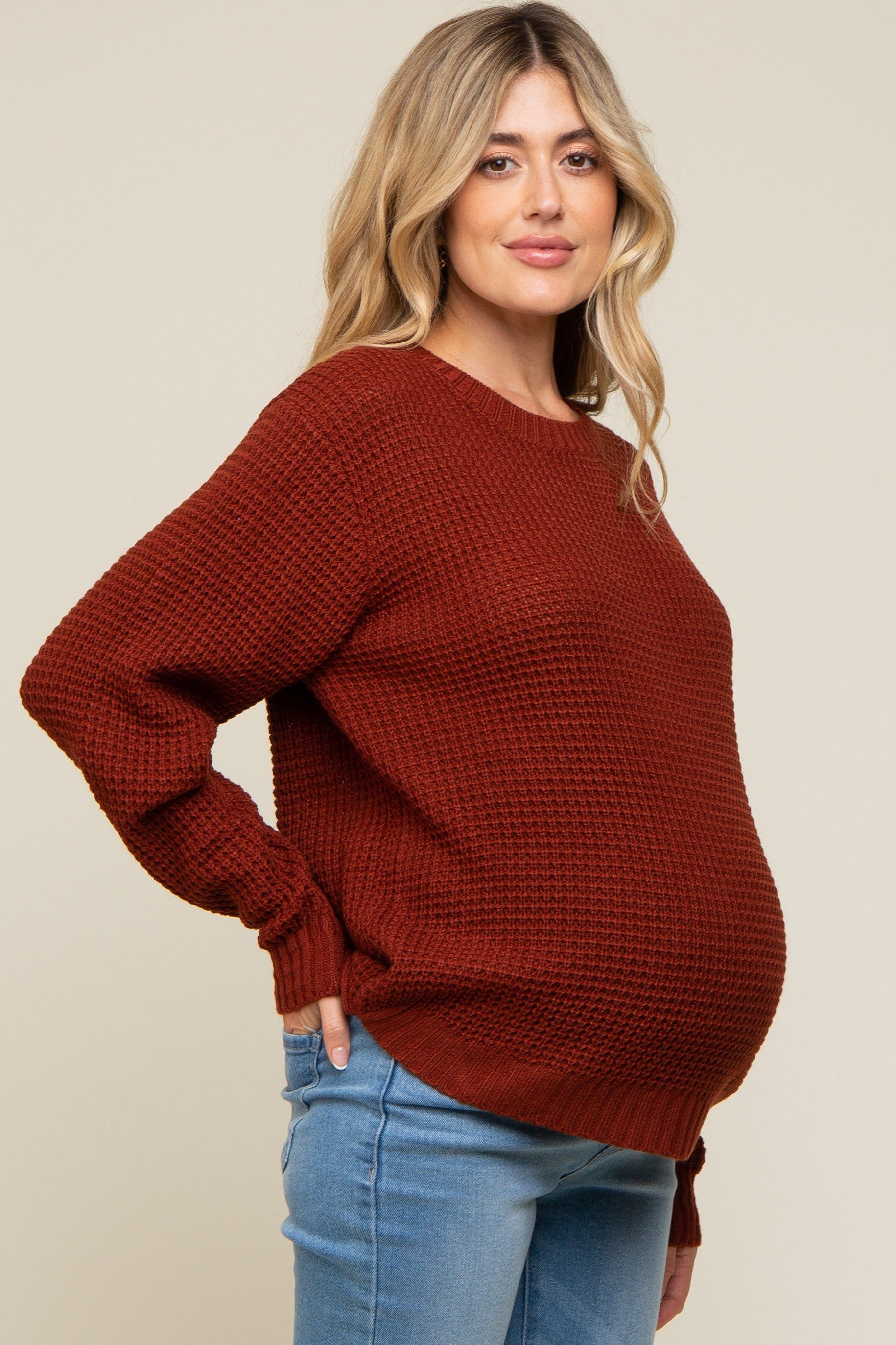 Rust Waffle Knit Round Hem Maternity Sweater sold by Pinkblush product image thumbnail 2