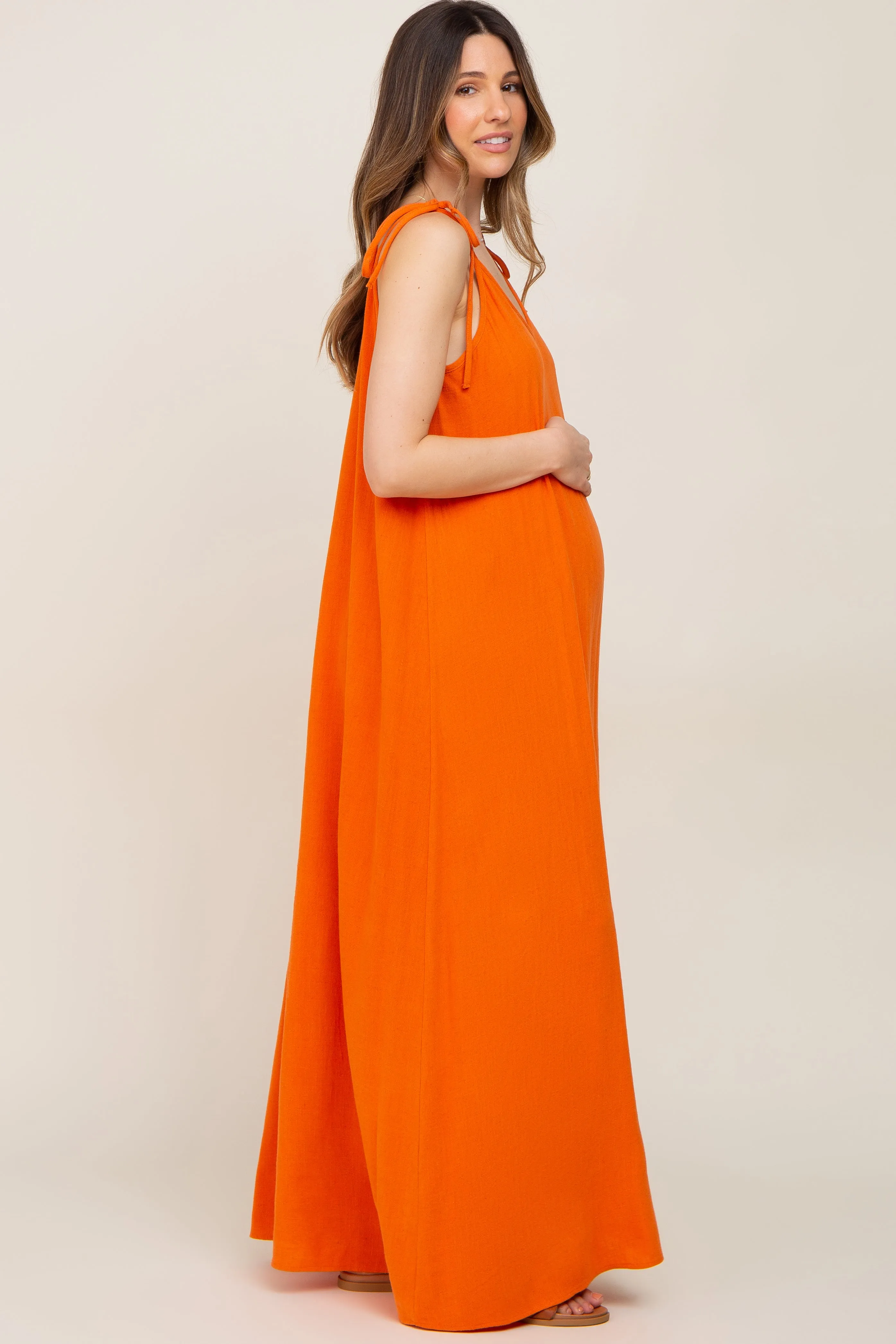 Orange Linen V-Neck Tie Strap Maternity Maxi Dress sold by Pinkblush product image thumbnail 2