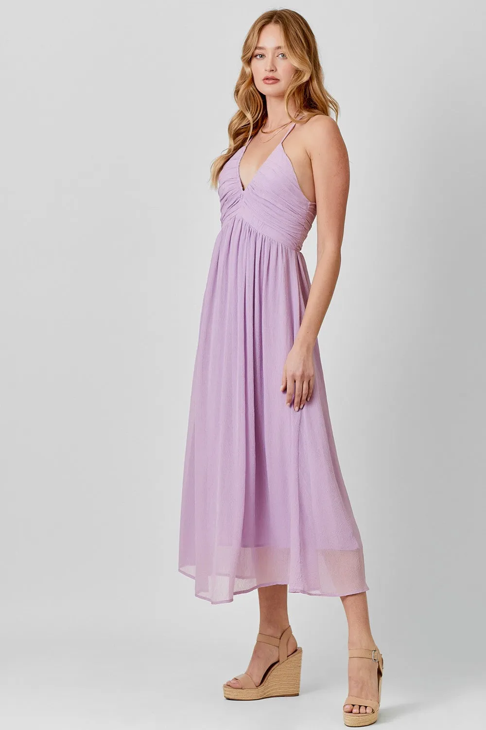 Lavender Ruched V-Neck Midi Dress sold by Pinkblush product image thumbnail 3