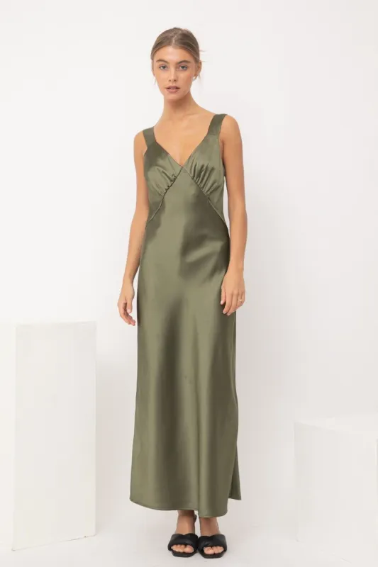 Olive Satin Dress sold by Pinkblush