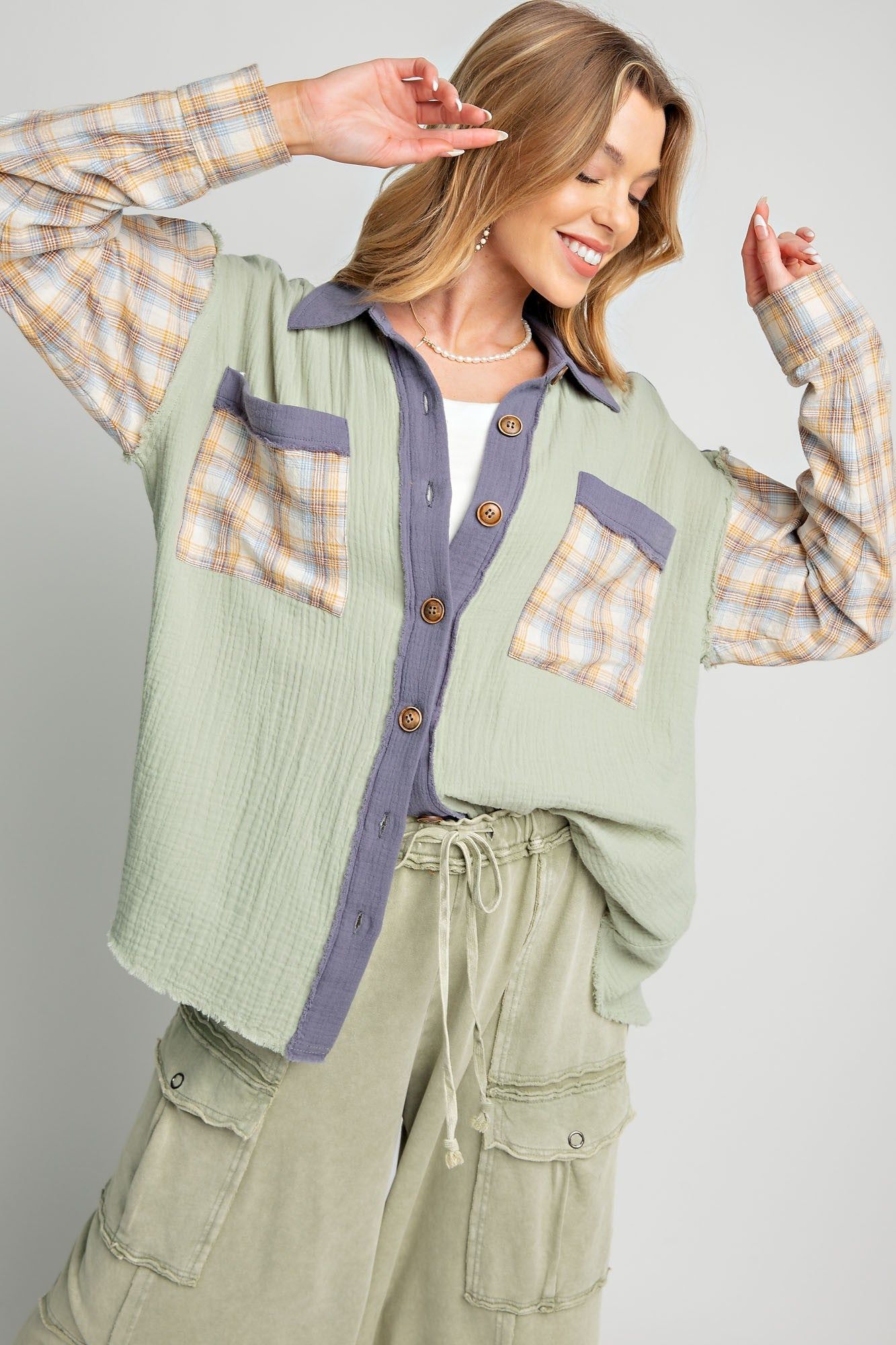 Light Olive Gauze Plaid Mix Button Up Top sold by Pinkblush