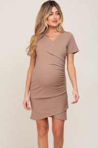 Taupe Ruched Wrap Tulip Hem Fitted Maternity/Nursing Dress sold by Pinkblush