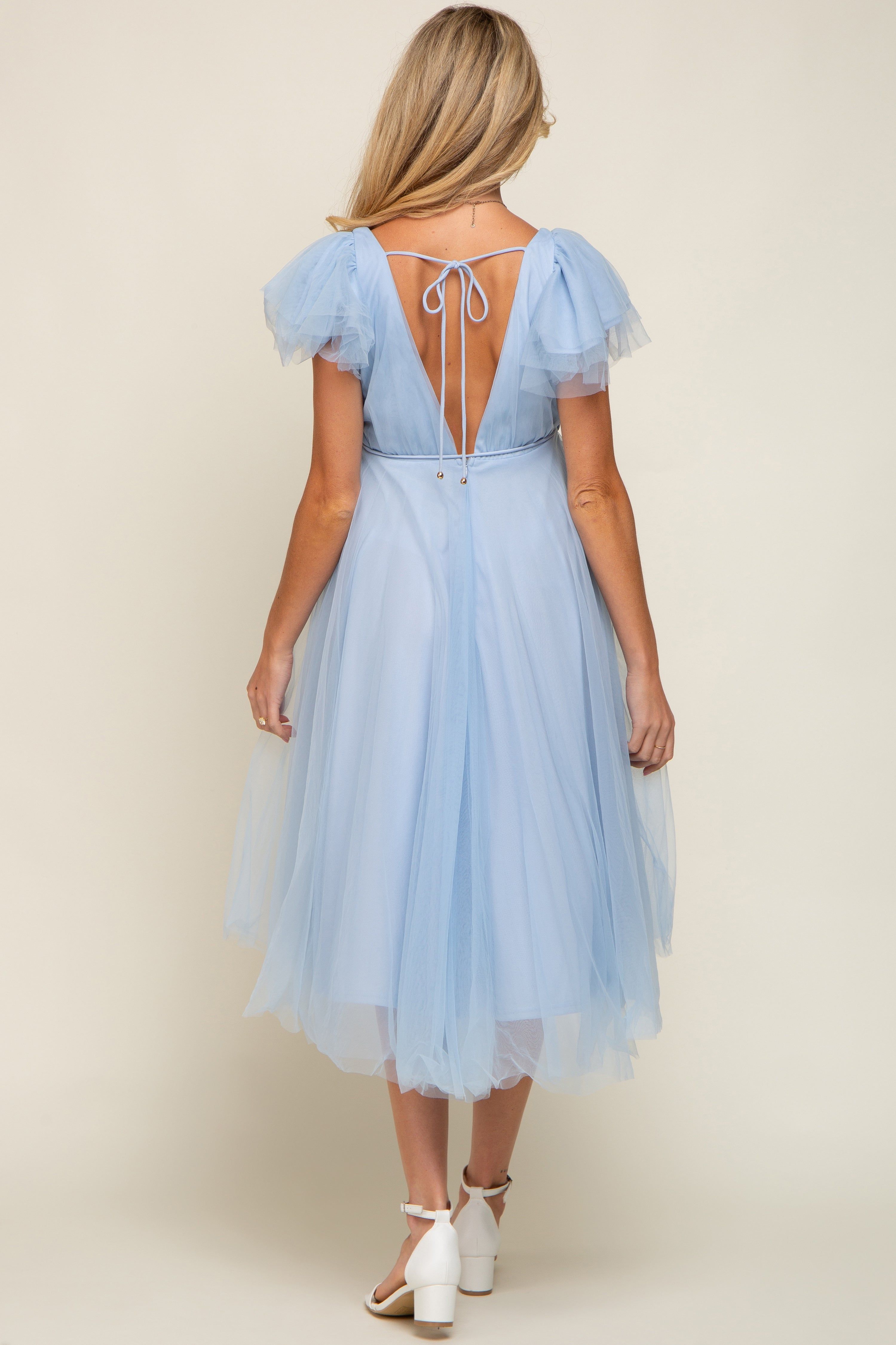 Light Blue Tulle V-Neck Flutter Sleeve Maternity Midi Dress sold by Pinkblush product image thumbnail 3